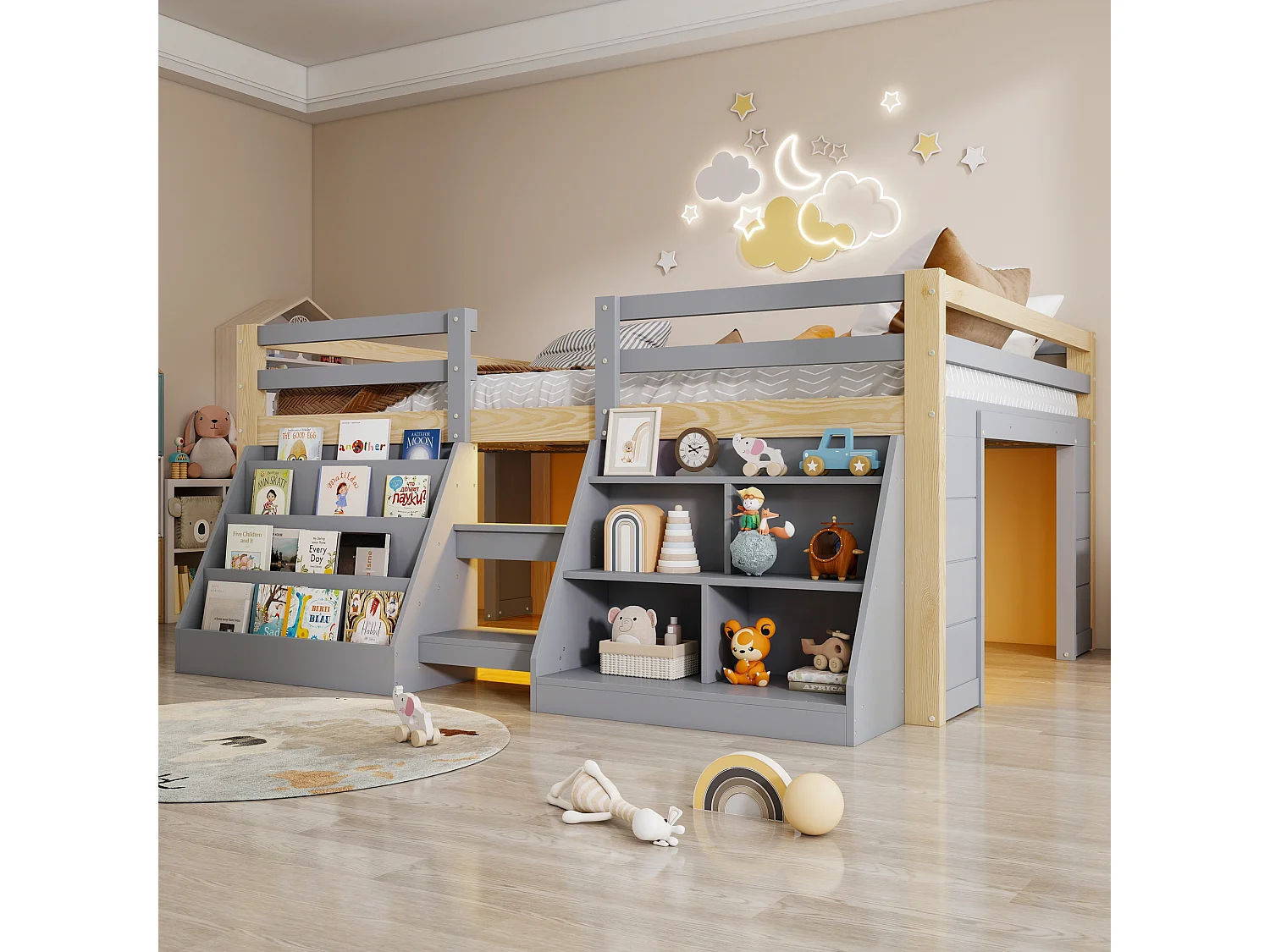 Lit enfant 140 x 200 cm – avec étagères de rangement – ​​avec barrières de sécurité – avec échelle – avec éclairage LED – gris (matelas non inclus)