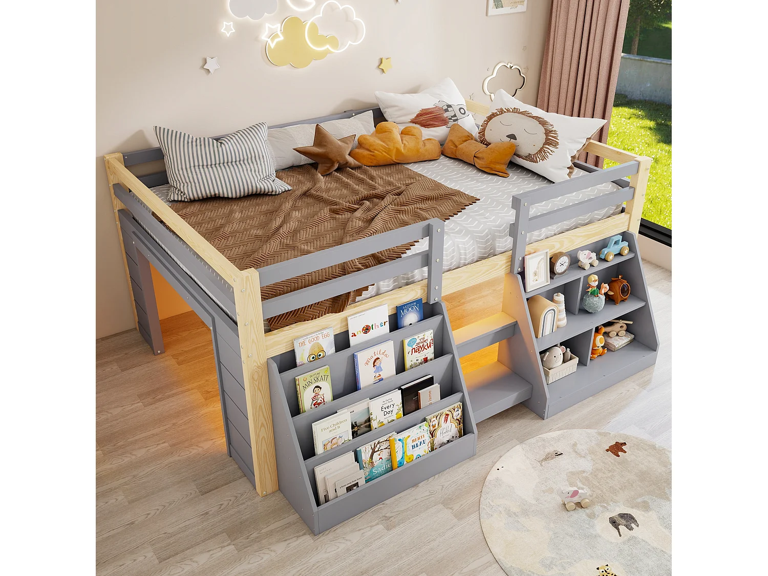 Lit enfant 140 x 200 cm – avec étagères de rangement – ​​avec barrières de sécurité – avec échelle – avec éclairage LED – gris (matelas non inclus)