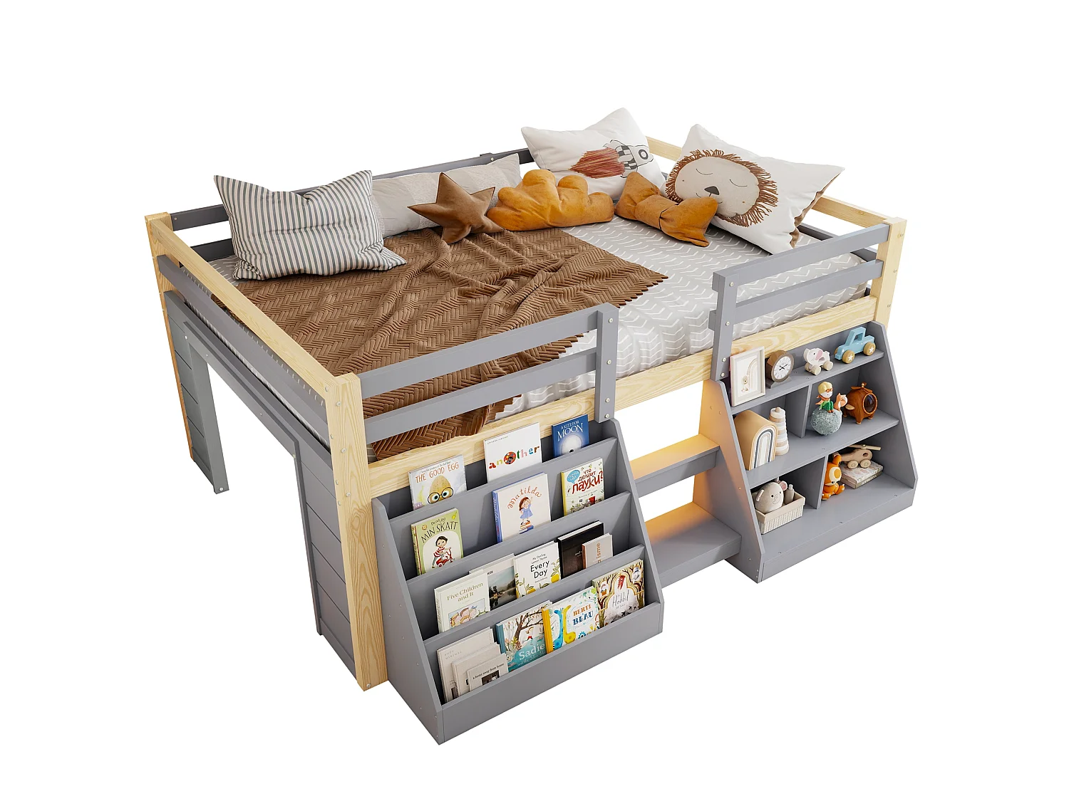 Lit enfant 140 x 200 cm – avec étagères de rangement – ​​avec barrières de sécurité – avec échelle – avec éclairage LED – gris (matelas non inclus)