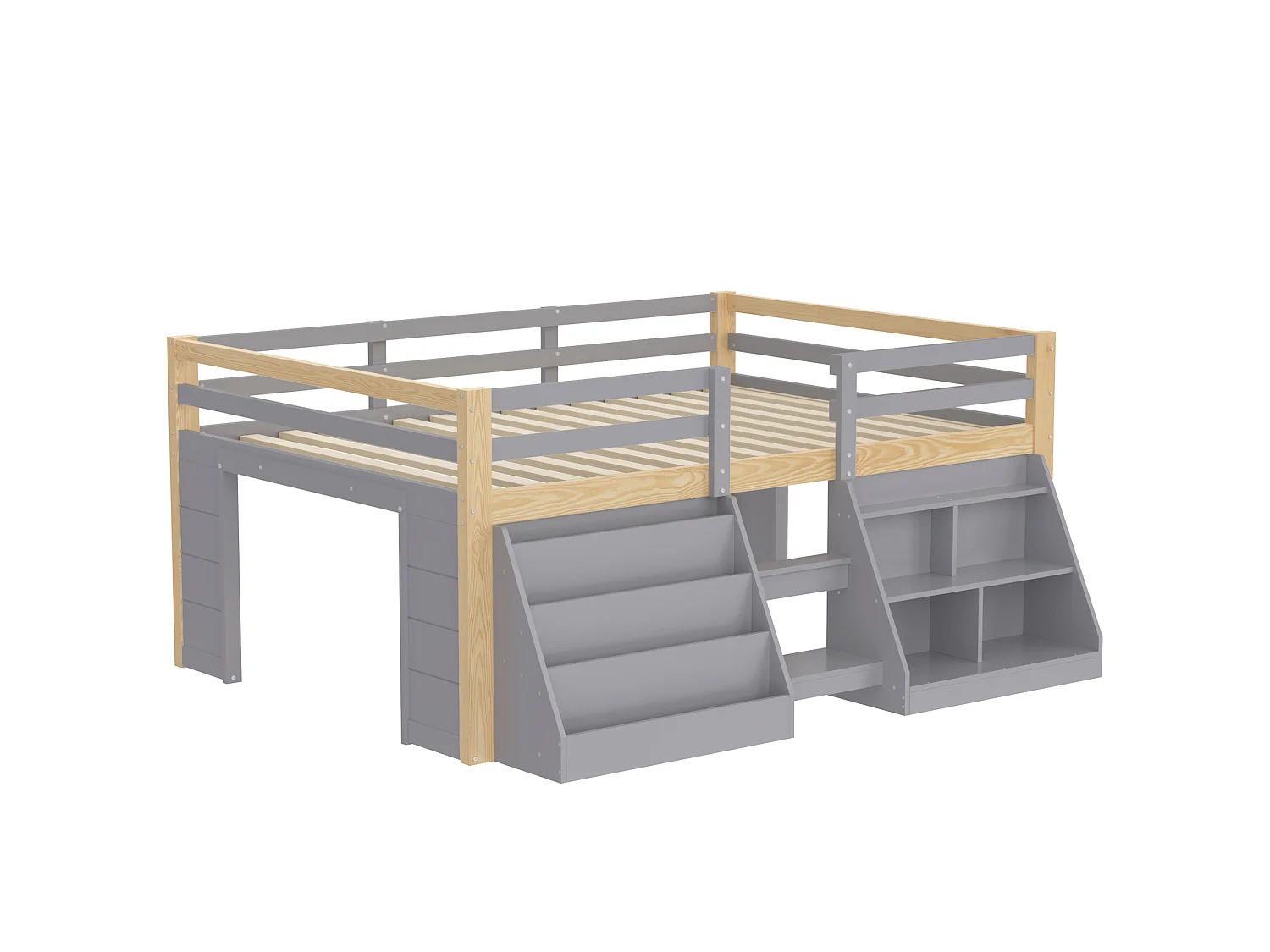 Lit enfant 140 x 200 cm – avec étagères de rangement – ​​avec barrières de sécurité – avec échelle – avec éclairage LED – gris (matelas non inclus)