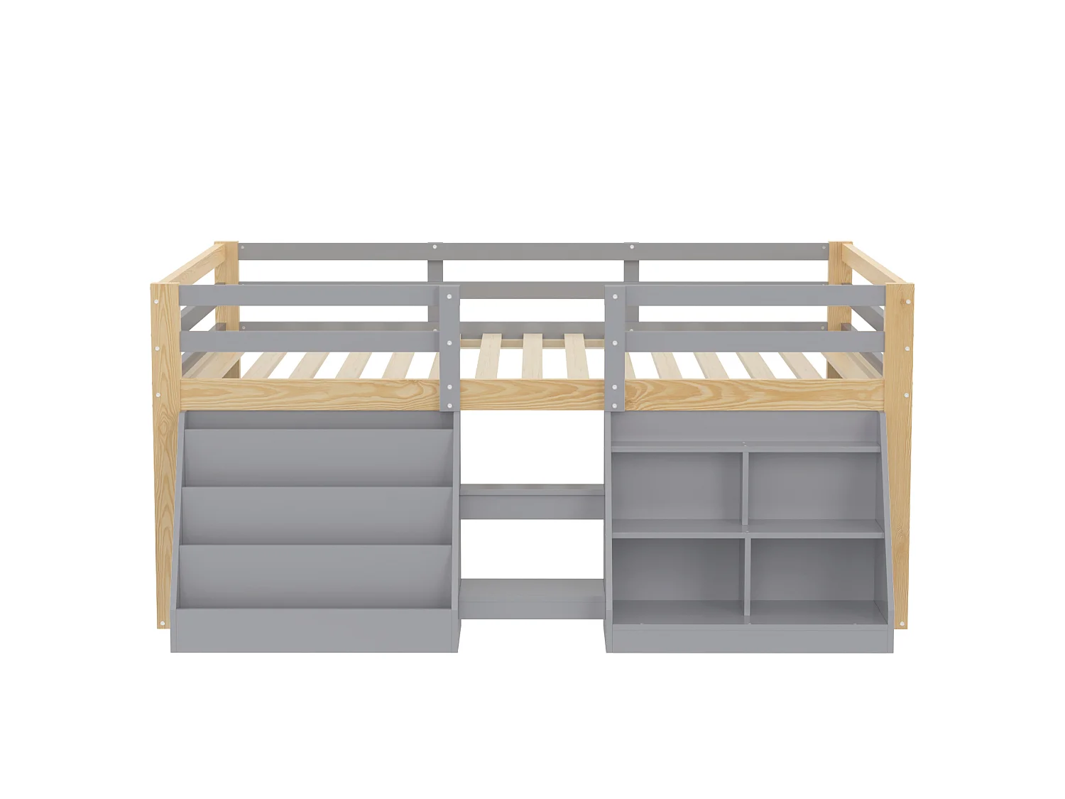 Lit enfant 140 x 200 cm – avec étagères de rangement – ​​avec barrières de sécurité – avec échelle – avec éclairage LED – gris (matelas non inclus)