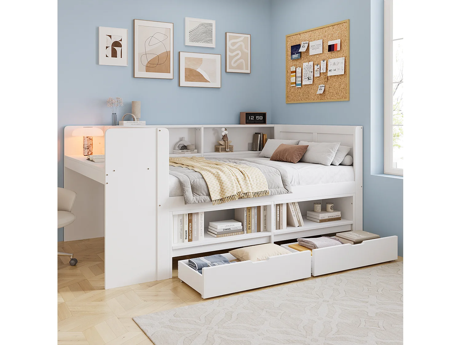 Canapé-lit en bois 120 x 200 cm - avec 2 tiroirs - avec bureau et compartiment de rangement ouvert - Blanc (sans matelas)