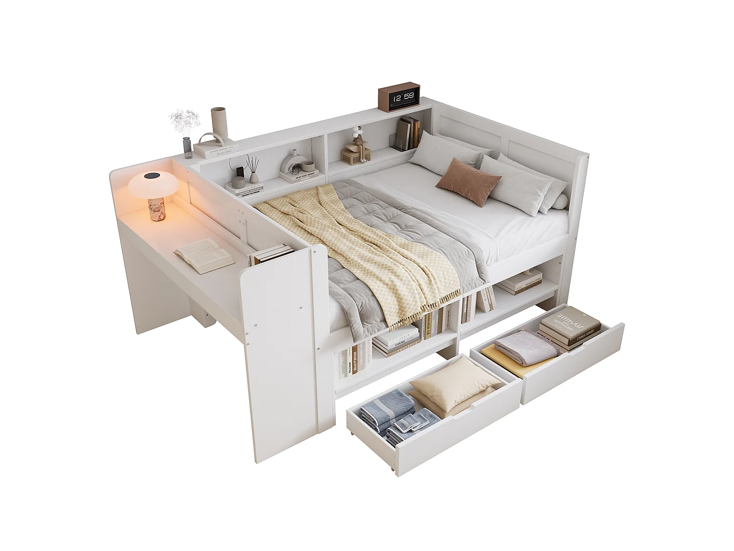 Canapé-lit en bois 120 x 200 cm - avec 2 tiroirs - avec bureau et compartiment de rangement ouvert - Blanc (sans matelas)