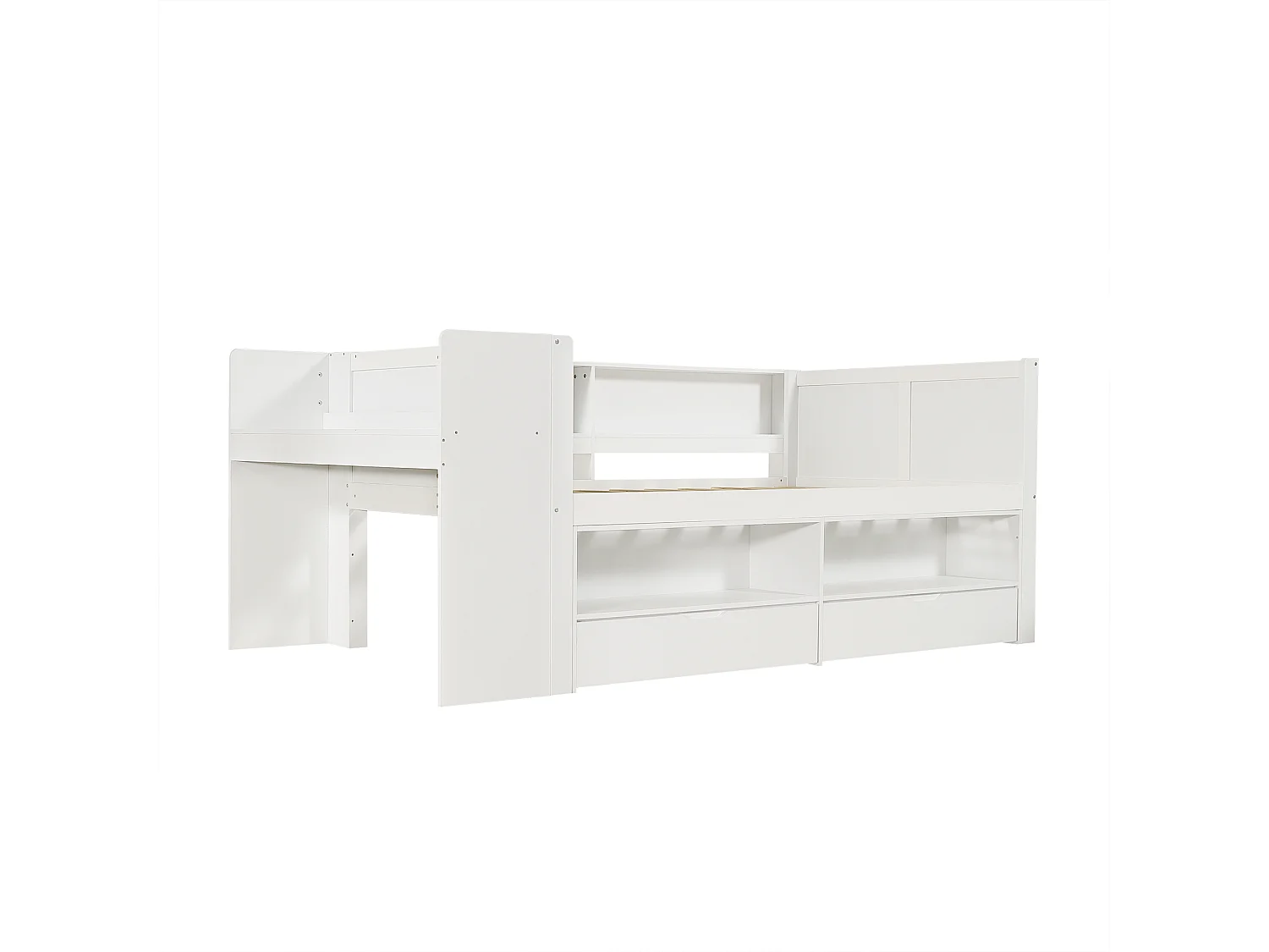 Canapé-lit en bois 120 x 200 cm - avec 2 tiroirs - avec bureau et compartiment de rangement ouvert - Blanc (sans matelas)
