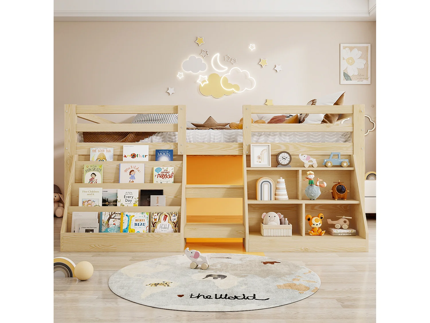 Kinderbett 140 x 200 cm – mit Aufbewahrungsregalen – mit Sicherheitsgittern – mit Leiter – mit LED-Beleuchtung – natur (Matratze nicht enthalten)