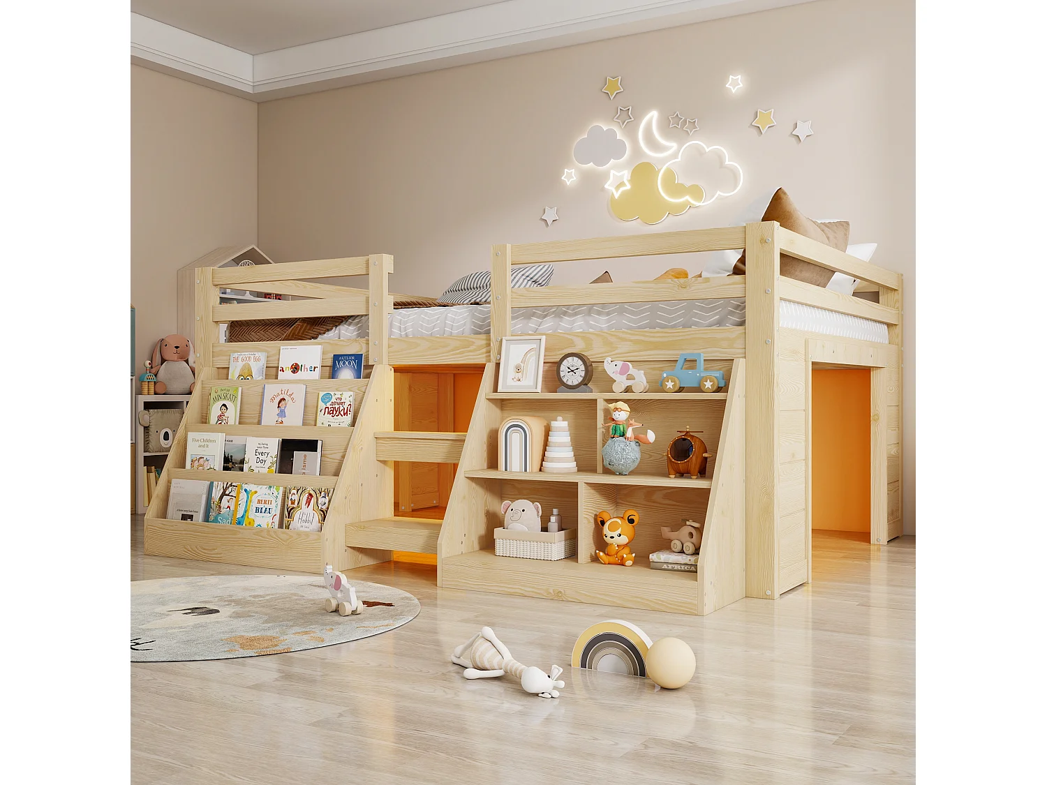 Kinderbett 140 x 200 cm – mit Aufbewahrungsregalen – mit Sicherheitsgittern – mit Leiter – mit LED-Beleuchtung – natur (Matratze nicht enthalten)