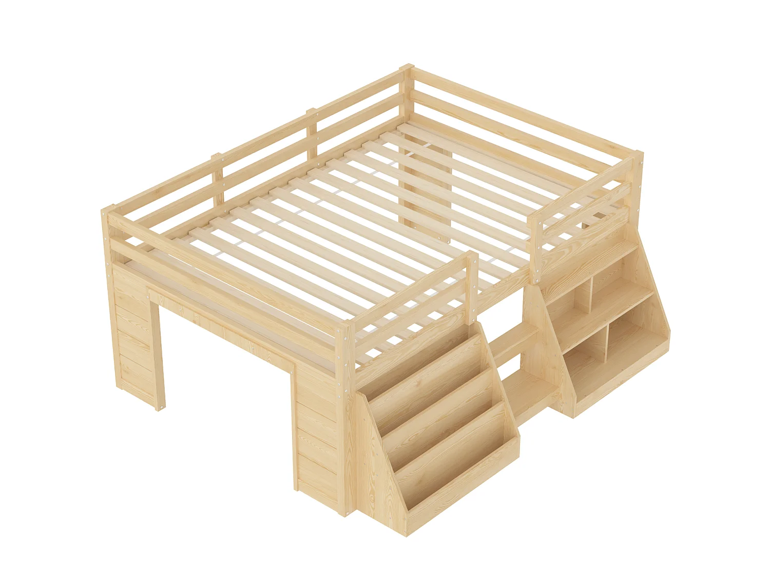 Kinderbett 140 x 200 cm – mit Aufbewahrungsregalen – mit Sicherheitsgittern – mit Leiter – mit LED-Beleuchtung – natur (Matratze nicht enthalten)