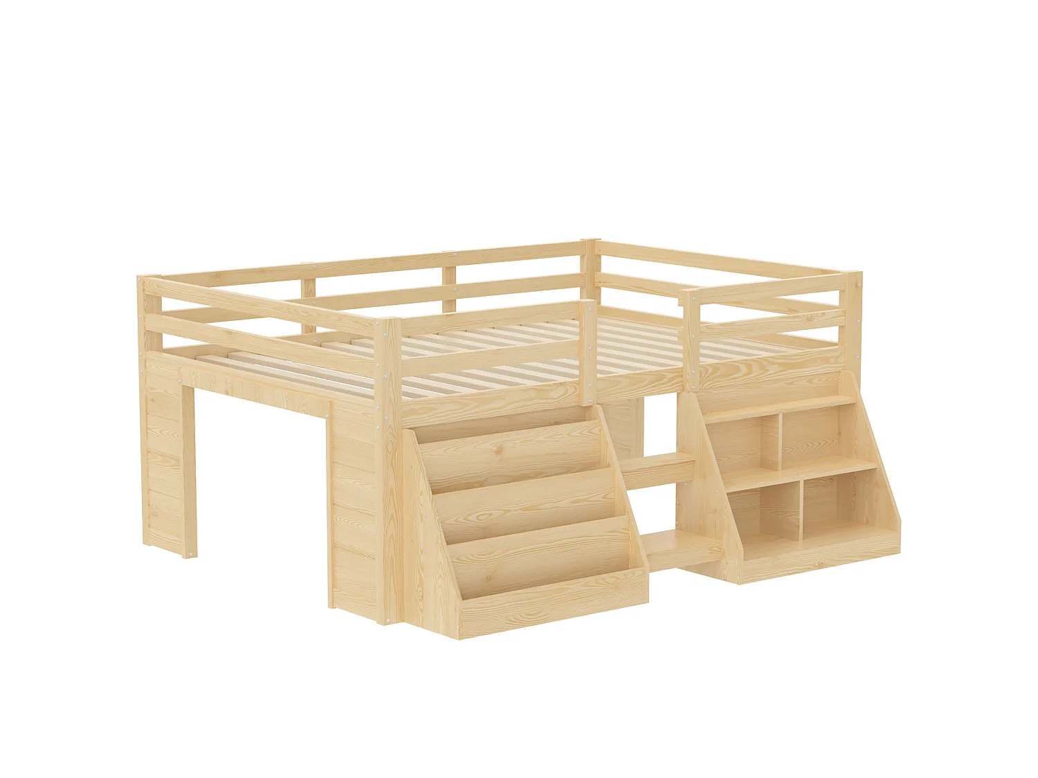 Kinderbett 140 x 200 cm – mit Aufbewahrungsregalen – mit Sicherheitsgittern – mit Leiter – mit LED-Beleuchtung – natur (Matratze nicht enthalten)