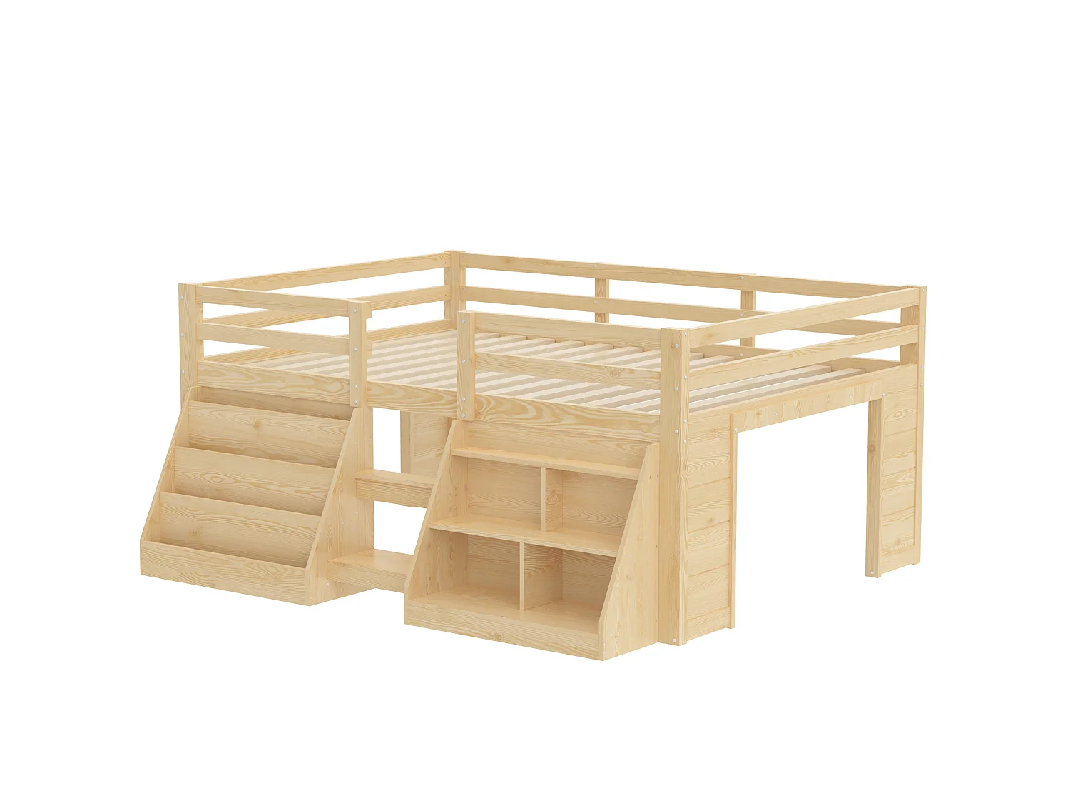 Kinderbett 140 x 200 cm – mit Aufbewahrungsregalen – mit Sicherheitsgittern – mit Leiter – mit LED-Beleuchtung – natur (Matratze nicht enthalten)