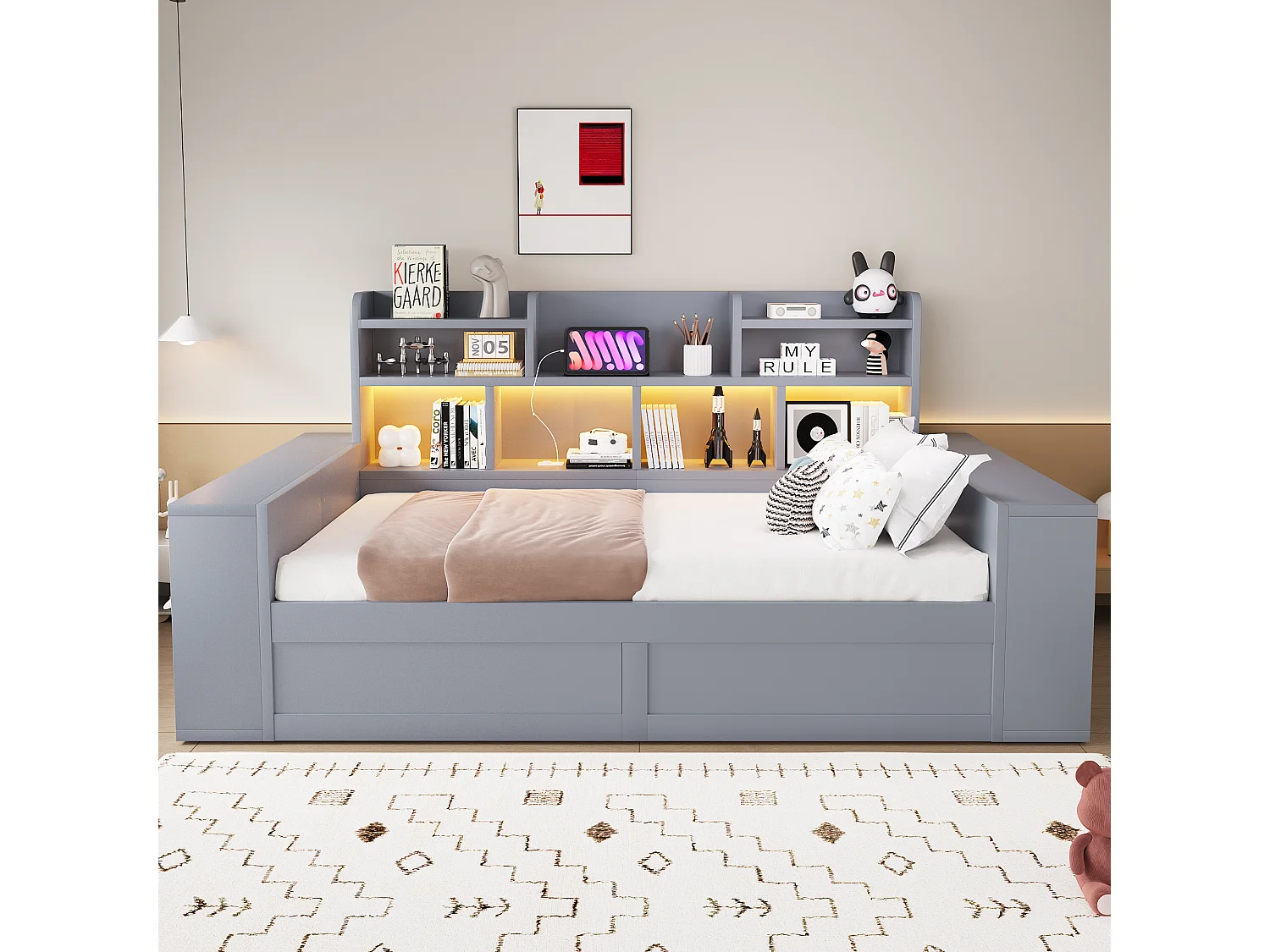 Canapé-lit coffre 90 x 200 cm - avec compartiments de rangement - avec prise électrique - avec éclairage LED - gris (matelas non inclus)