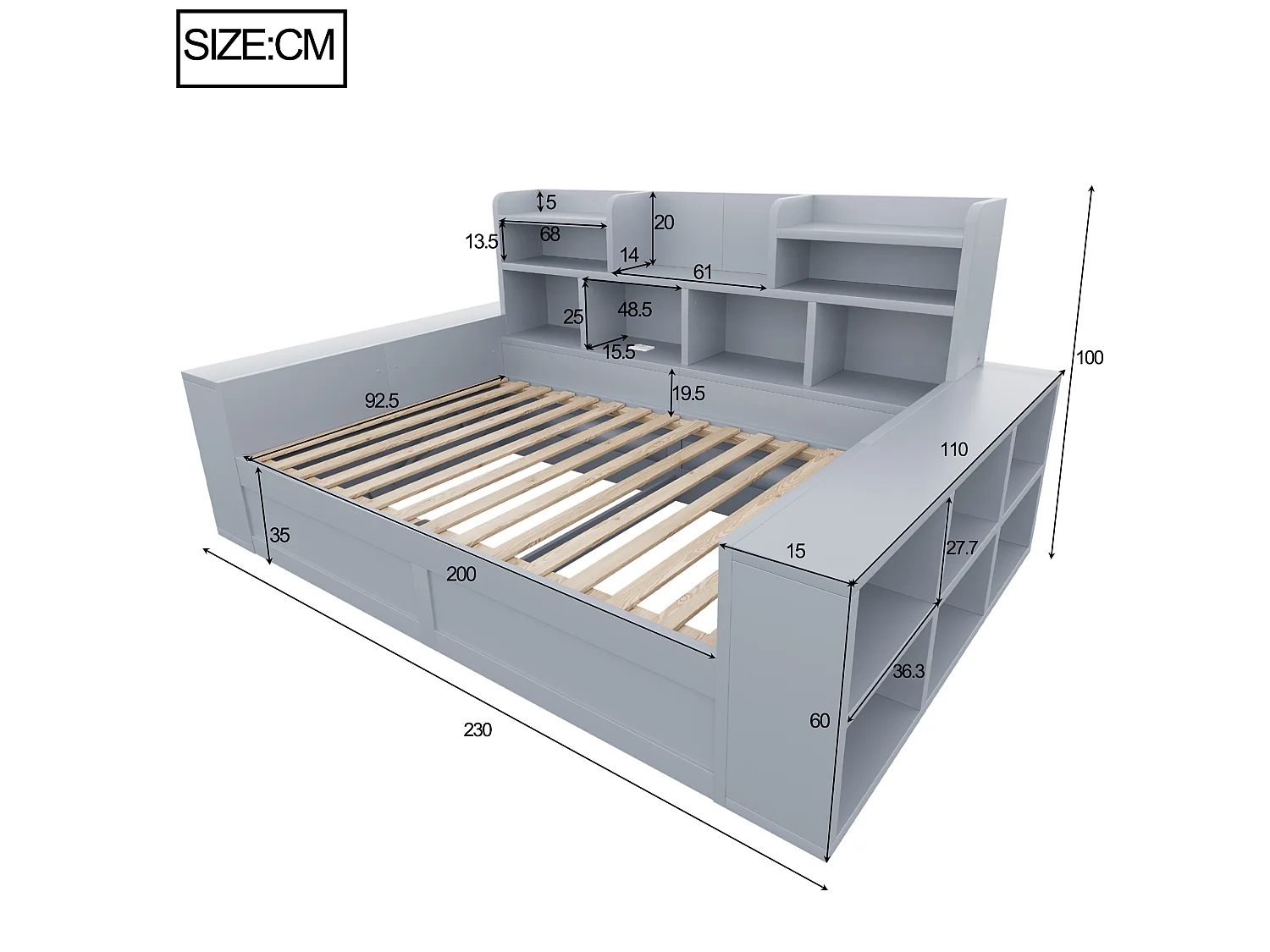 Canapé-lit coffre 90 x 200 cm - avec compartiments de rangement - avec prise électrique - avec éclairage LED - gris (matelas non inclus)