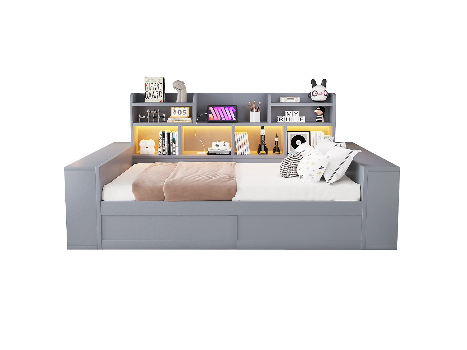 Canapé-lit coffre 90 x 200 cm - avec compartiments de rangement - avec prise électrique - avec éclairage LED - gris (matelas non inclus)
