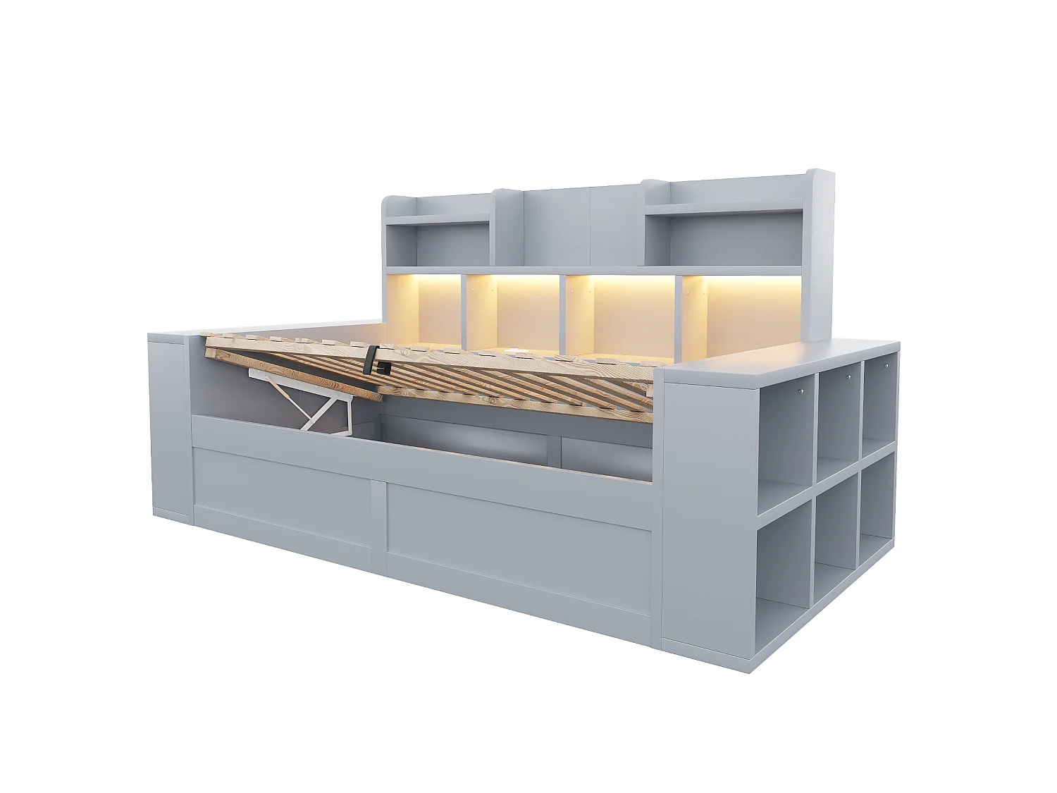 Canapé-lit coffre 90 x 200 cm - avec compartiments de rangement - avec prise électrique - avec éclairage LED - gris (matelas non inclus)