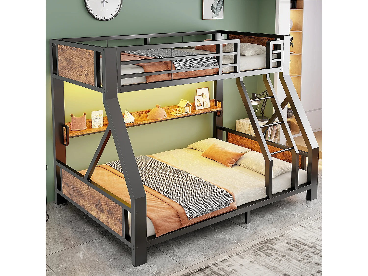 Metall-Etagenbett 90x200+140x200 cm – mit LED-Beleuchtung – mit Sicherheitsleiter – schwarz (Matratze nicht enthalten)
