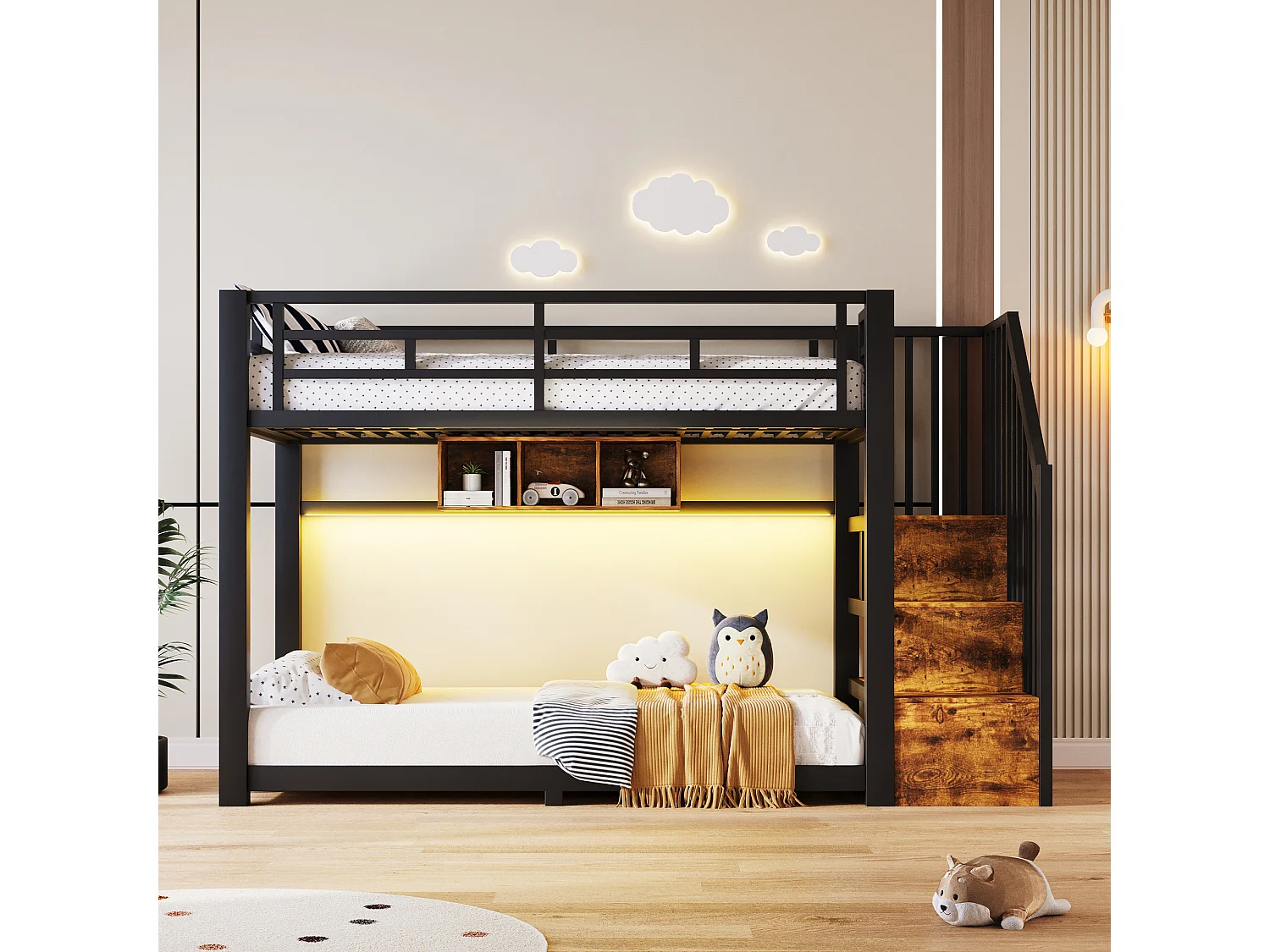 Etagenbett 90 x 200 cm – mit LED-Beleuchtung – mit drei Staufächern – mit Treppe – Schwarz (Matratze nicht enthalten)