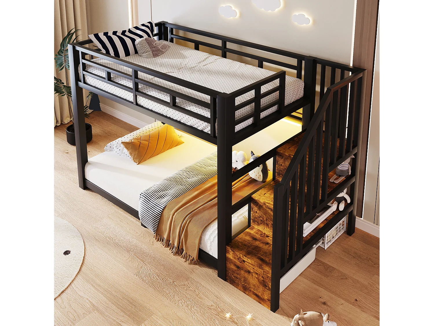 Etagenbett 90 x 200 cm – mit LED-Beleuchtung – mit drei Staufächern – mit Treppe – Schwarz (Matratze nicht enthalten)