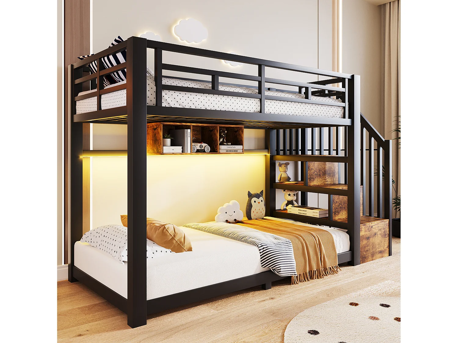 Etagenbett 90 x 200 cm – mit LED-Beleuchtung – mit drei Staufächern – mit Treppe – Schwarz (Matratze nicht enthalten)