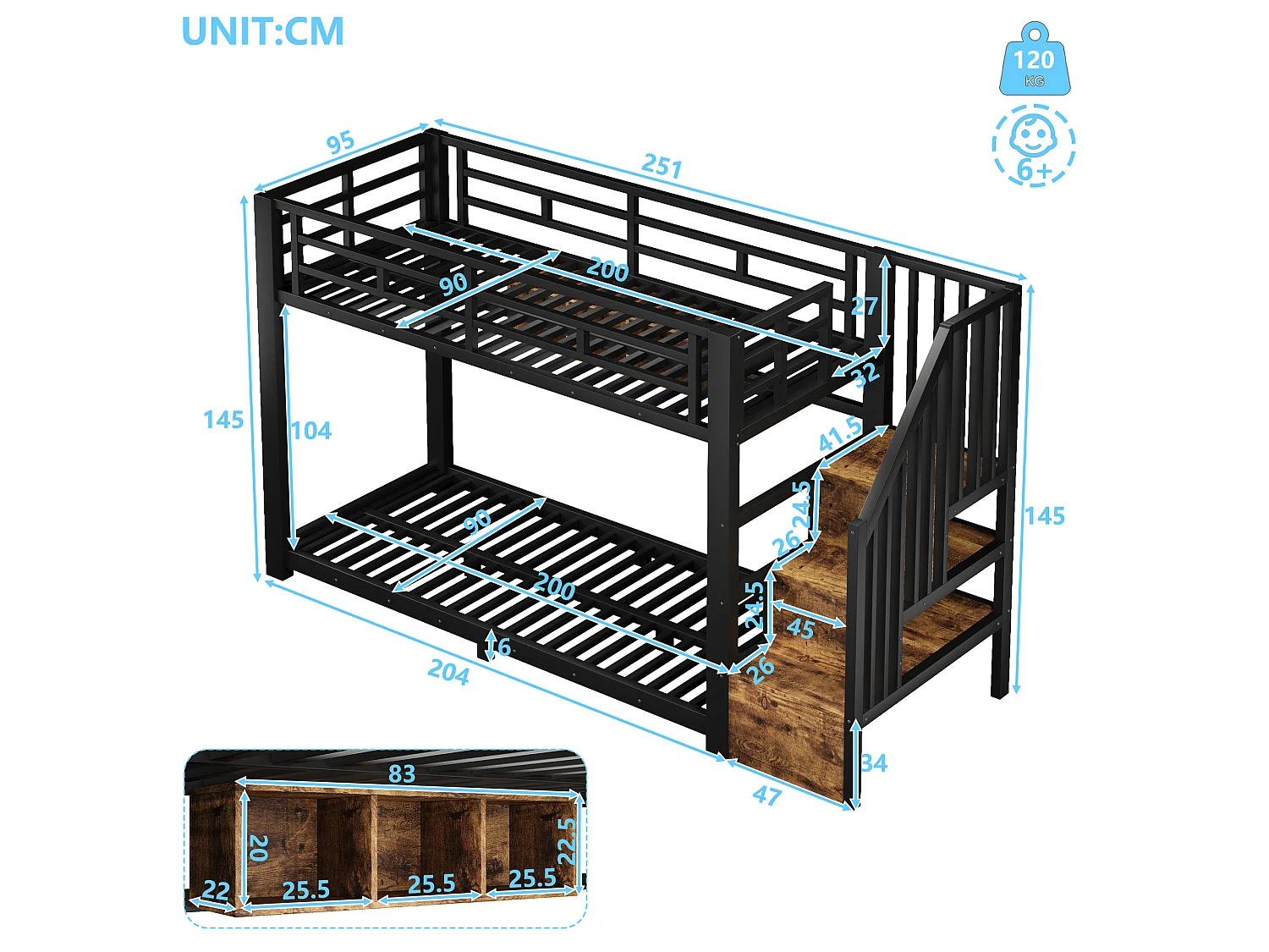 Etagenbett 90 x 200 cm – mit LED-Beleuchtung – mit drei Staufächern – mit Treppe – Schwarz (Matratze nicht enthalten)
