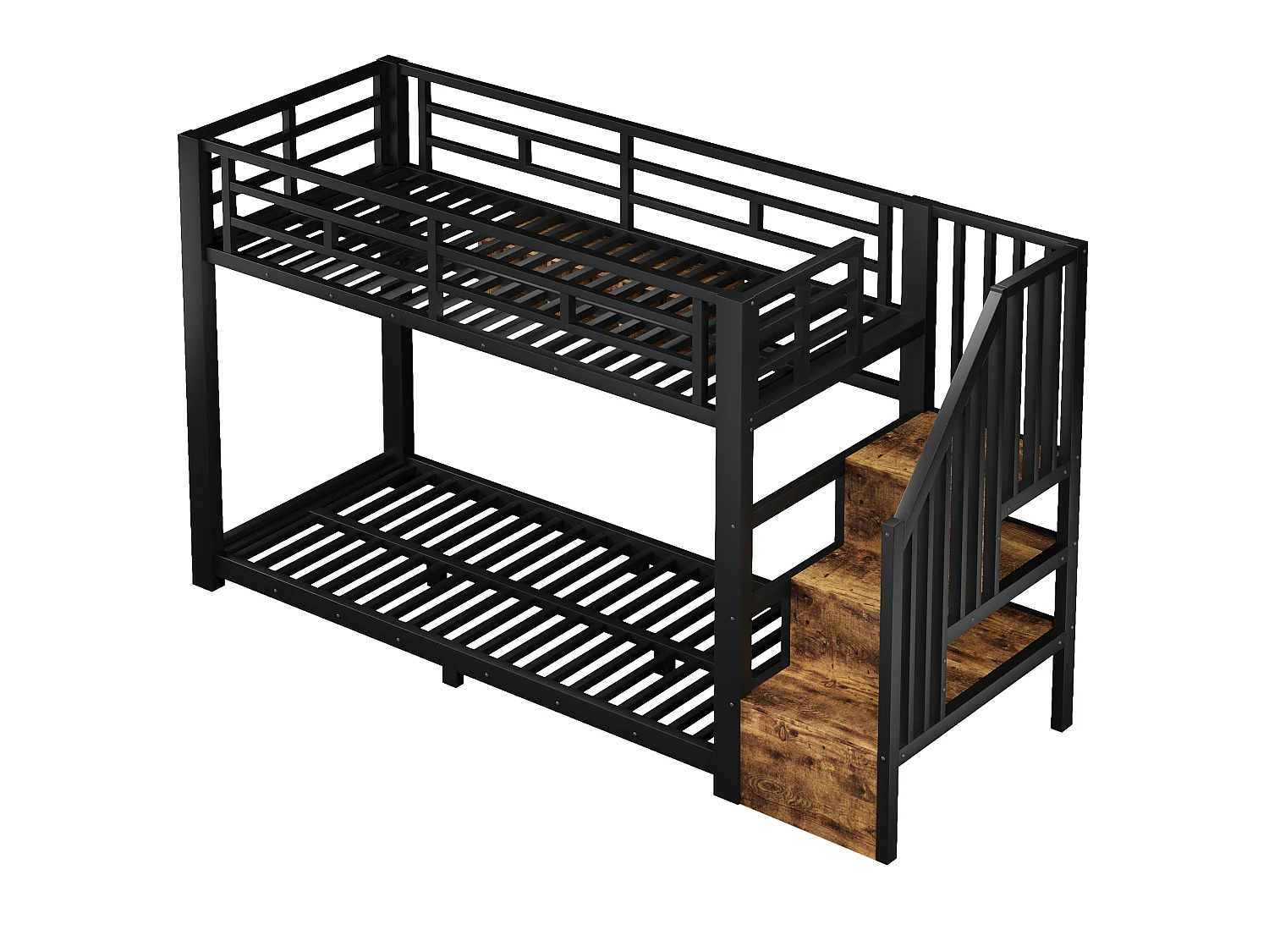 Etagenbett 90 x 200 cm – mit LED-Beleuchtung – mit drei Staufächern – mit Treppe – Schwarz (Matratze nicht enthalten)
