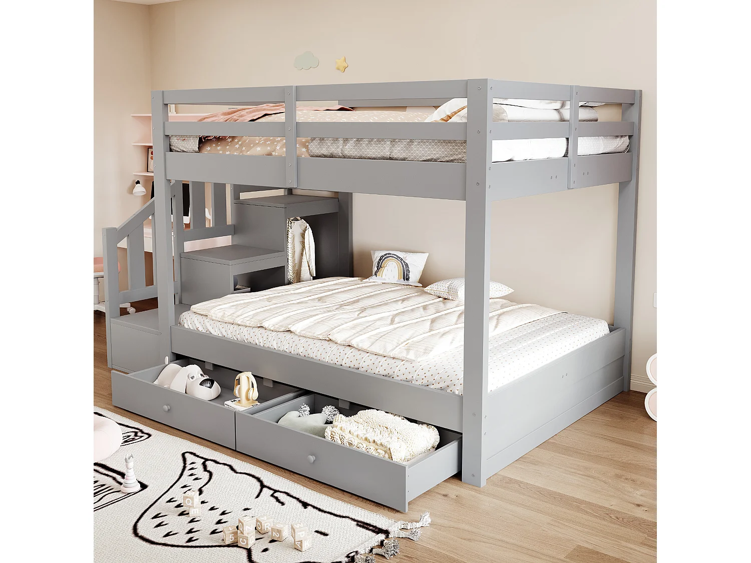 Lit superposé en bois massif 140 x 200 cm – avec escalier de rangement, barrières de sécurité et 2 tiroirs – gris (matelas non inclus)