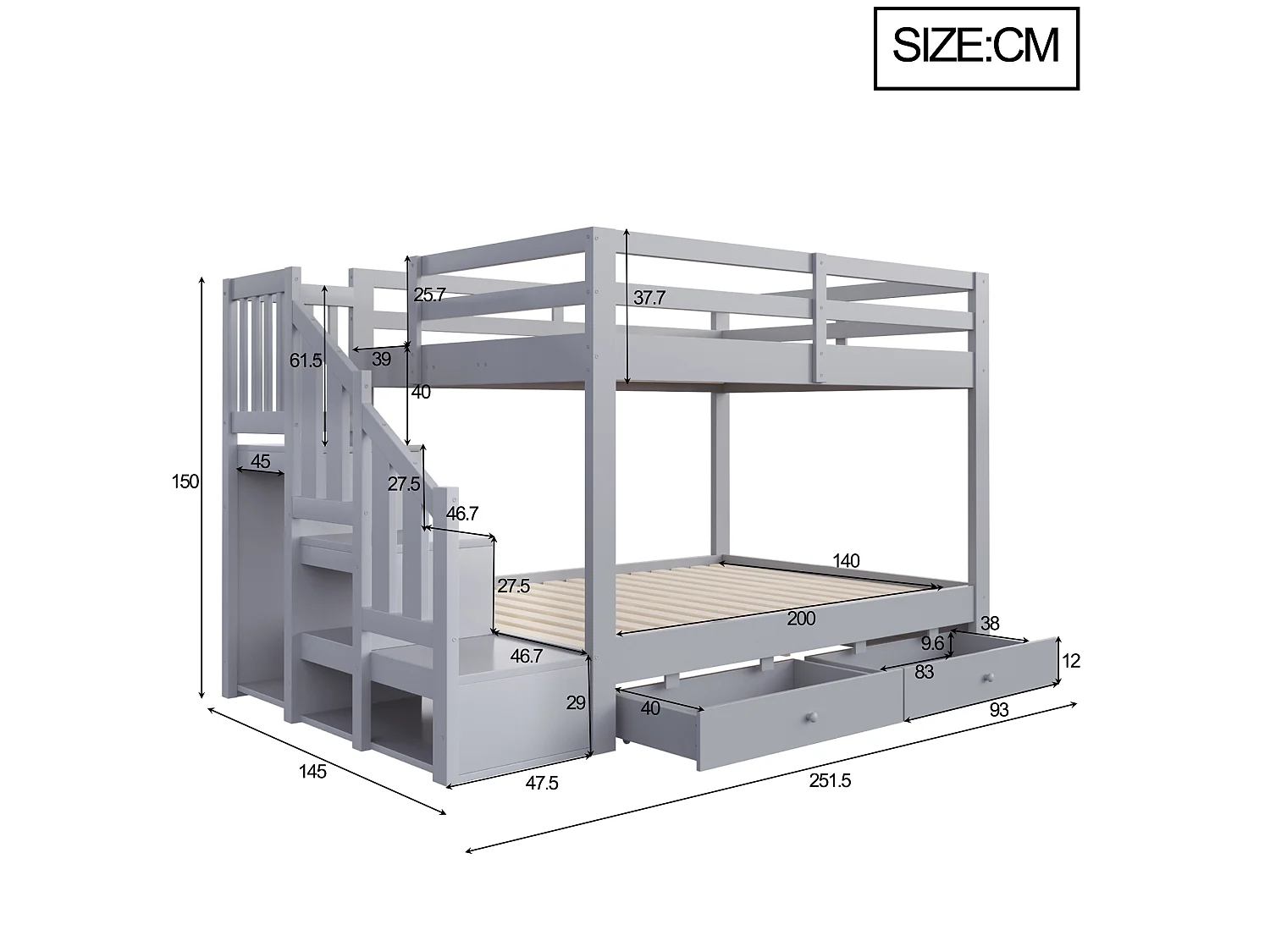 Lit superposé en bois massif 140 x 200 cm – avec escalier de rangement, barrières de sécurité et 2 tiroirs – gris (matelas non inclus)
