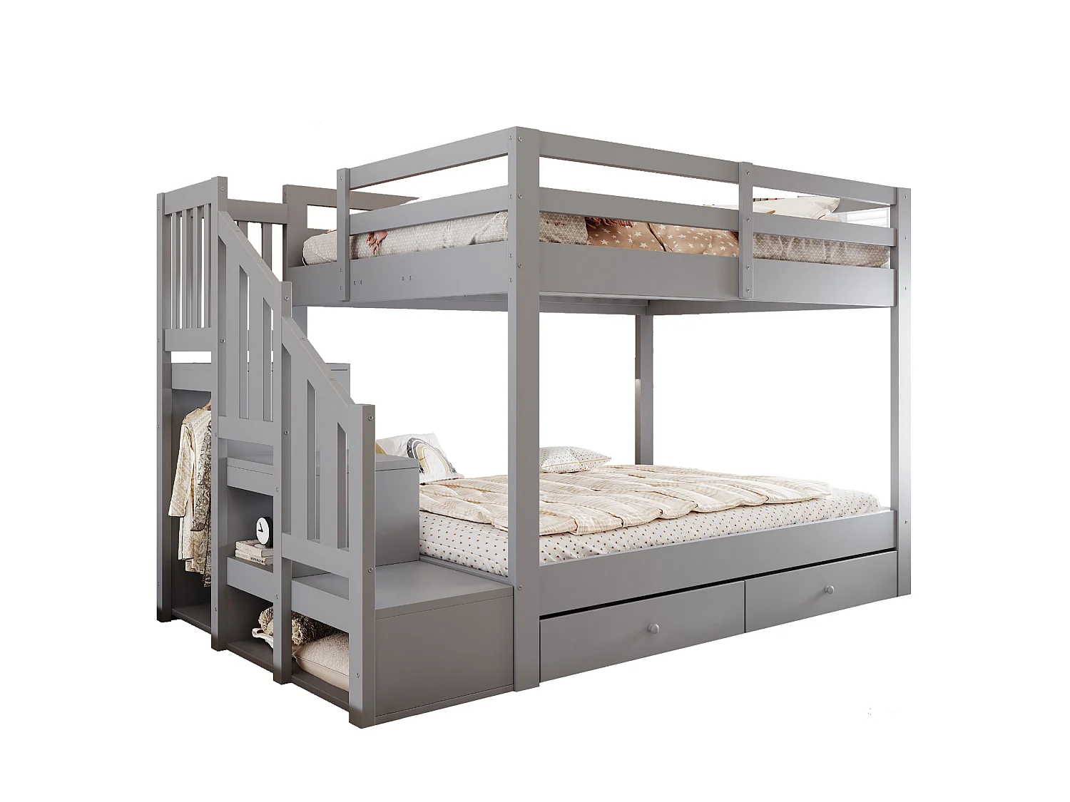 Lit superposé en bois massif 140 x 200 cm – avec escalier de rangement, barrières de sécurité et 2 tiroirs – gris (matelas non inclus)