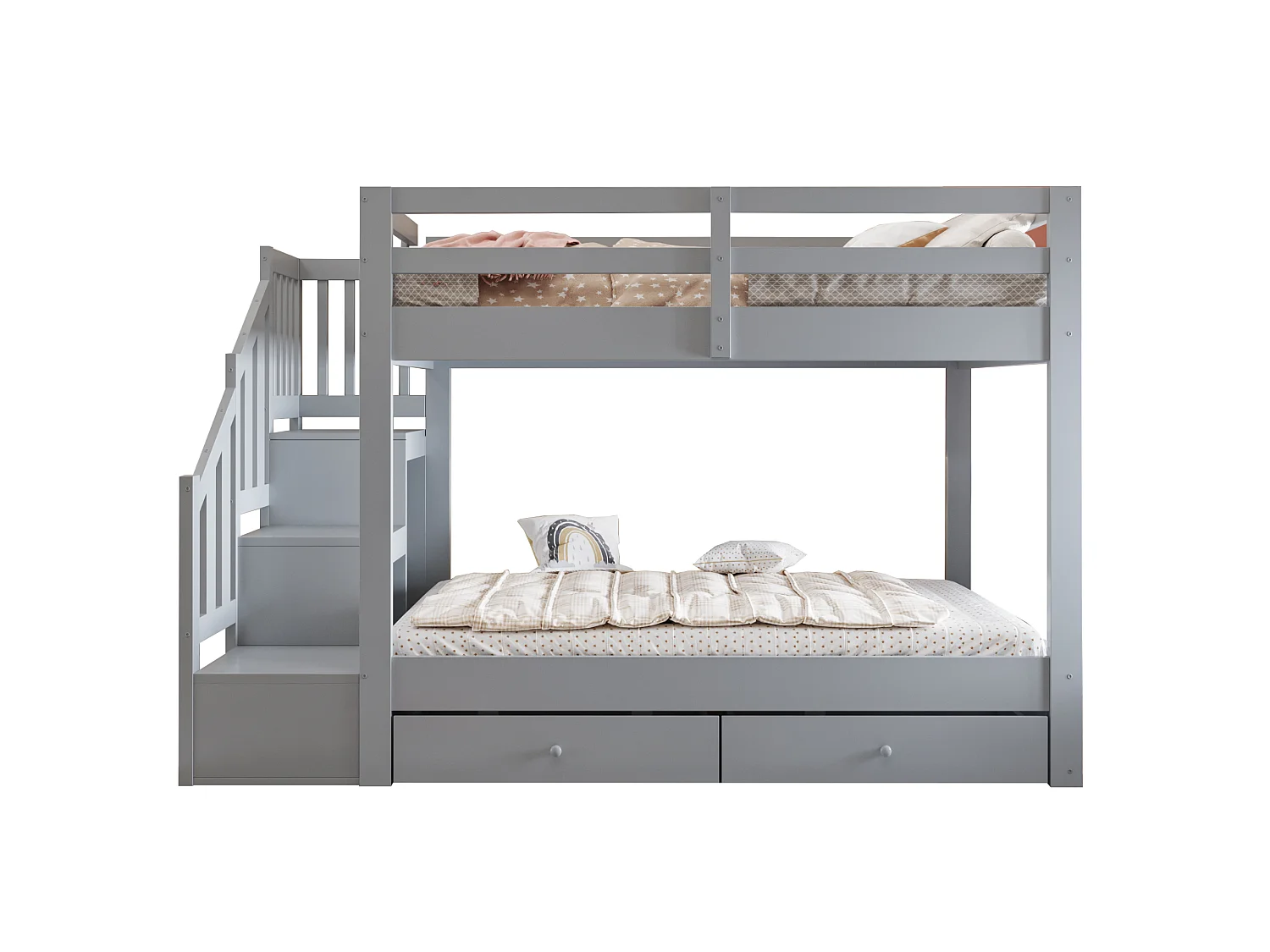 Lit superposé en bois massif 140 x 200 cm – avec escalier de rangement, barrières de sécurité et 2 tiroirs – gris (matelas non inclus)