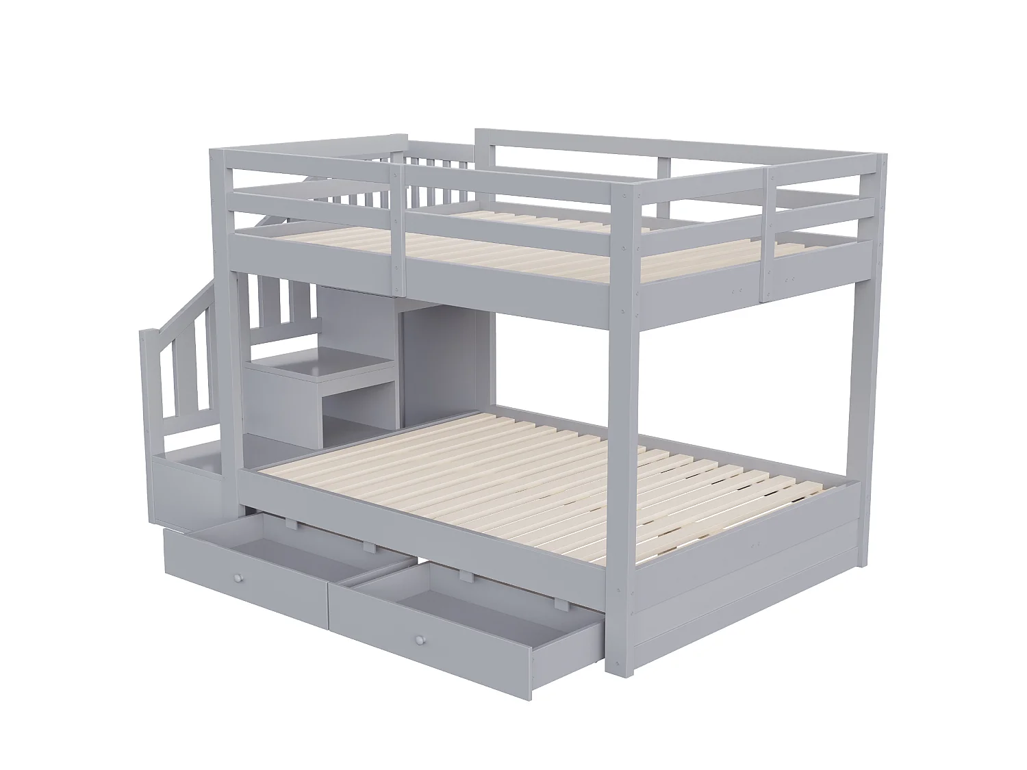 Lit superposé en bois massif 140 x 200 cm – avec escalier de rangement, barrières de sécurité et 2 tiroirs – gris (matelas non inclus)