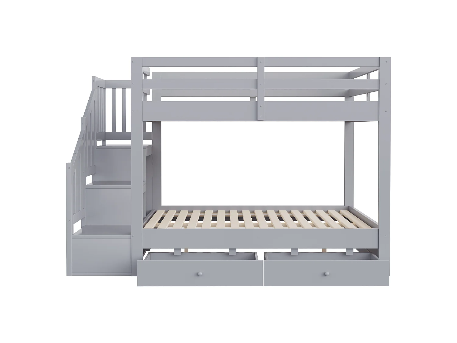 Lit superposé en bois massif 140 x 200 cm – avec escalier de rangement, barrières de sécurité et 2 tiroirs – gris (matelas non inclus)