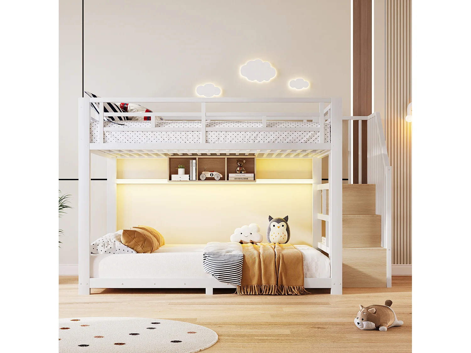 Etagenbett 140 x 200 cm – mit LED-Beleuchtung – mit drei Staufächern – mit Treppe – weiß (Matratze nicht enthalten)