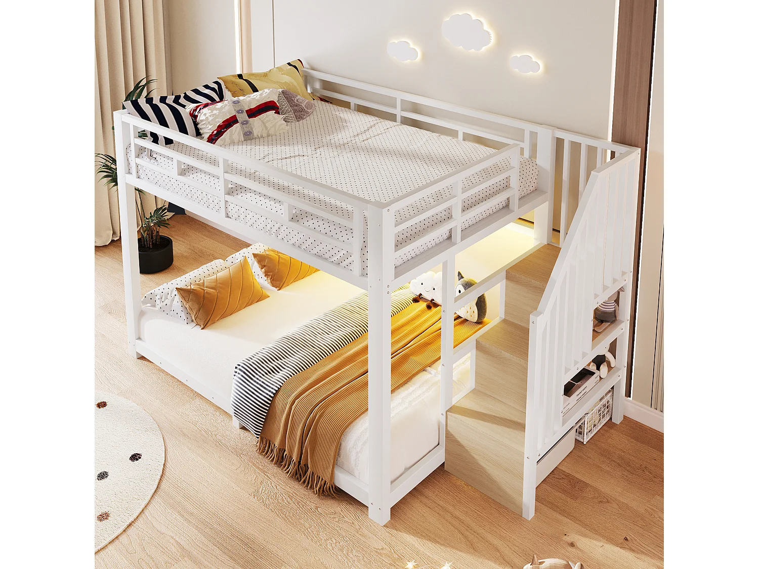 Etagenbett 140 x 200 cm – mit LED-Beleuchtung – mit drei Staufächern – mit Treppe – weiß (Matratze nicht enthalten)