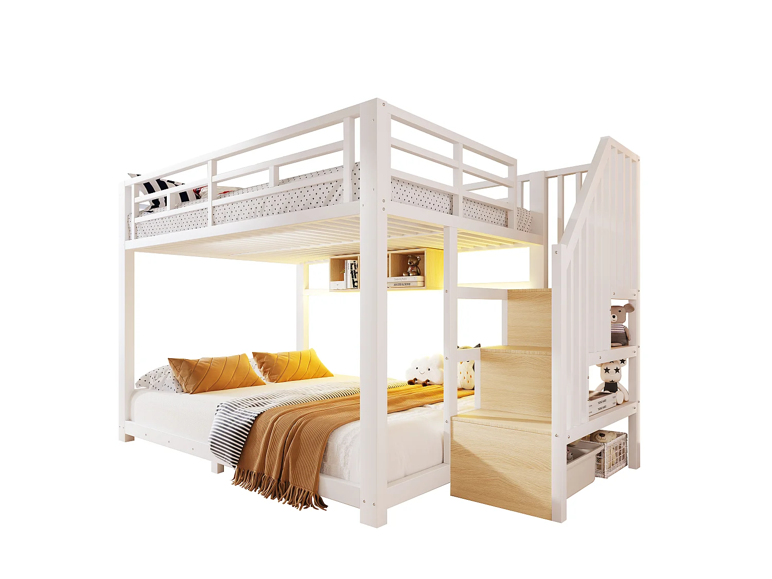 Etagenbett 140 x 200 cm – mit LED-Beleuchtung – mit drei Staufächern – mit Treppe – weiß (Matratze nicht enthalten)