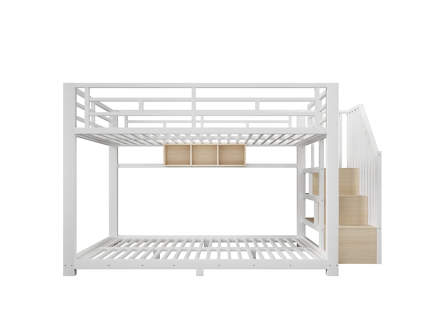 Etagenbett 140 x 200 cm – mit LED-Beleuchtung – mit drei Staufächern – mit Treppe – weiß (Matratze nicht enthalten)