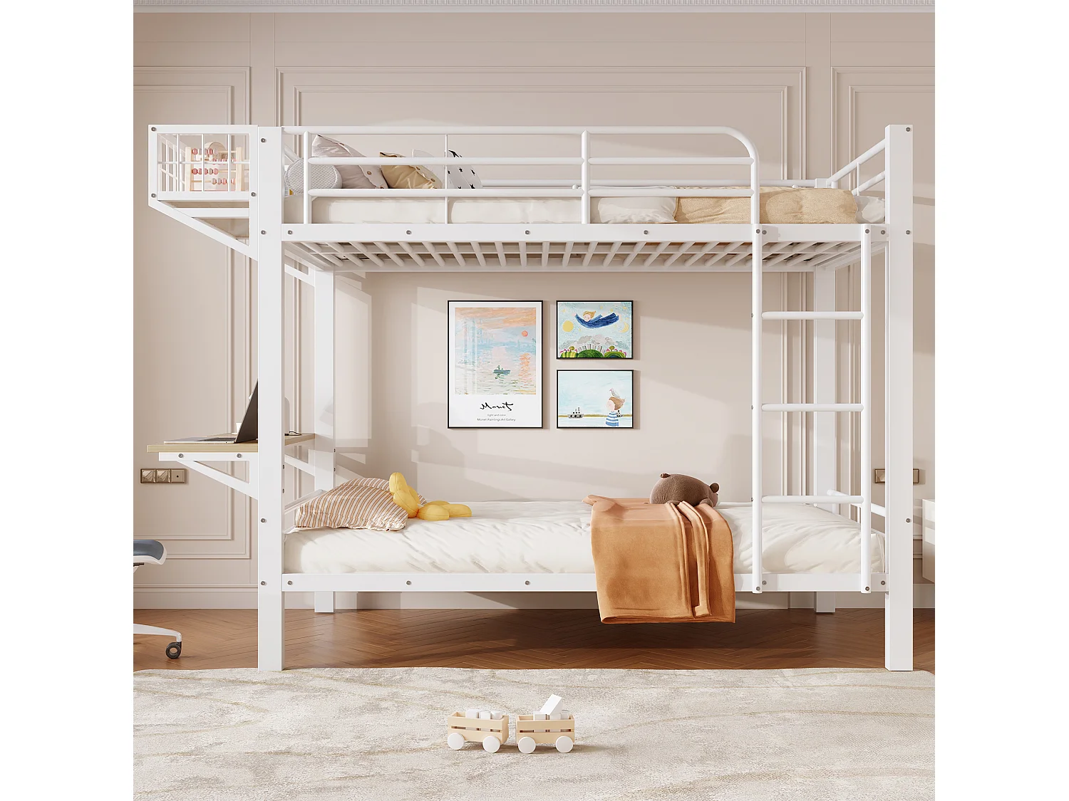 Etagenbett 90 x 200 cm – mit Schreibtisch – mit Sicherheitsgittern – mit Leiter – weiß (Matratze nicht inbegriffen)