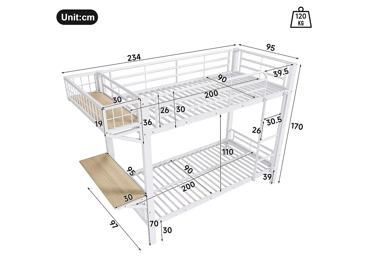 Etagenbett 90 x 200 cm – mit Schreibtisch – mit Sicherheitsgittern – mit Leiter – weiß (Matratze nicht inbegriffen)