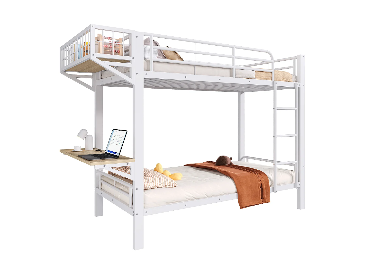 Etagenbett 90 x 200 cm – mit Schreibtisch – mit Sicherheitsgittern – mit Leiter – weiß (Matratze nicht inbegriffen)
