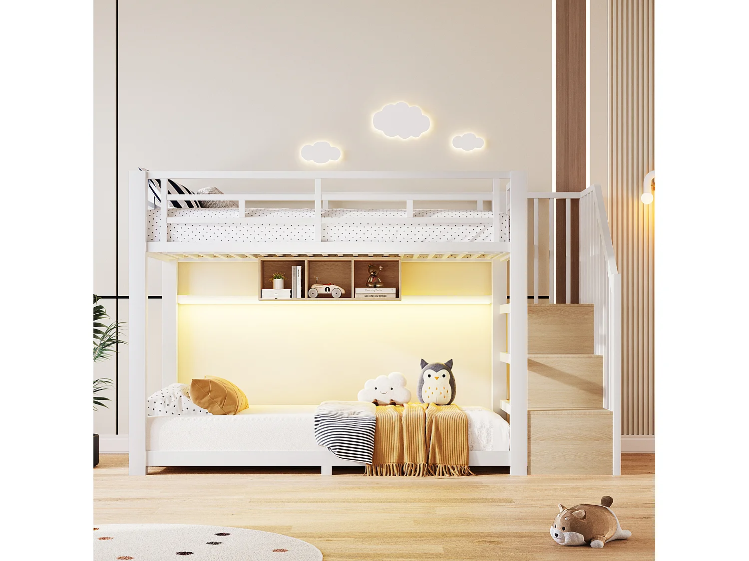 Etagenbett 90 x 200 cm – mit LED-Beleuchtung – mit drei Aufbewahrungsfächern – mit Treppe – weiß (Matratze nicht enthalten)