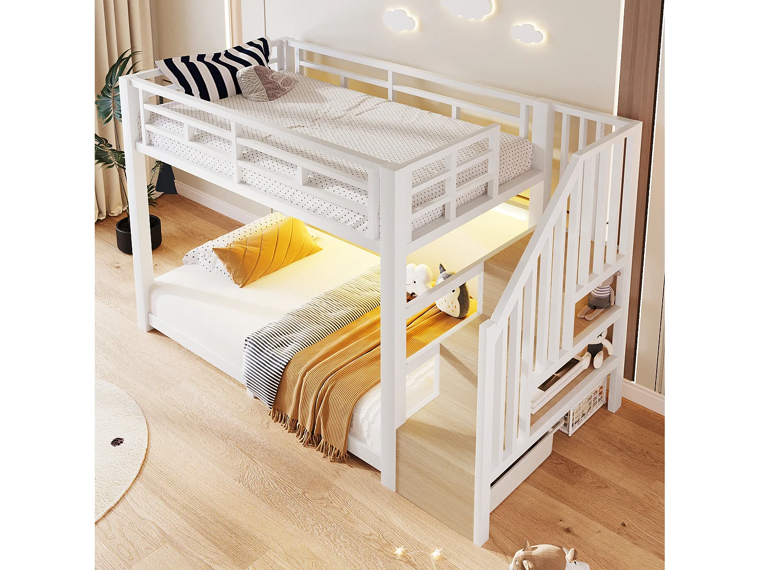 Etagenbett 90 x 200 cm – mit LED-Beleuchtung – mit drei Aufbewahrungsfächern – mit Treppe – weiß (Matratze nicht enthalten)