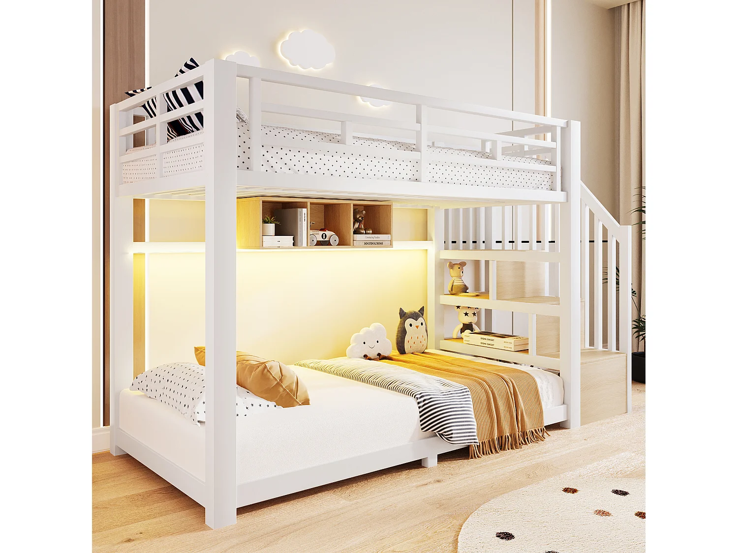 Etagenbett 90 x 200 cm – mit LED-Beleuchtung – mit drei Aufbewahrungsfächern – mit Treppe – weiß (Matratze nicht enthalten)
