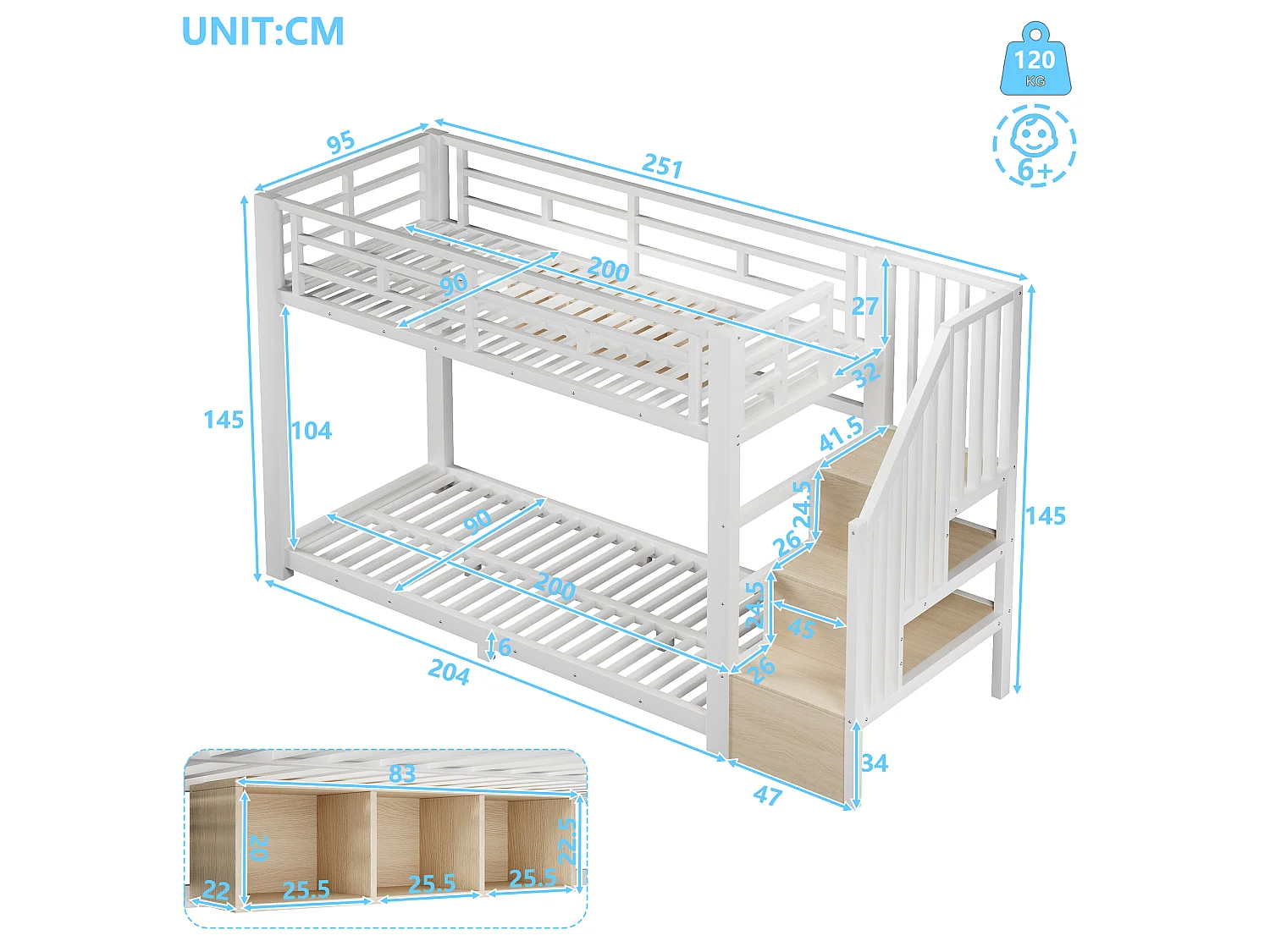 Etagenbett 90 x 200 cm – mit LED-Beleuchtung – mit drei Aufbewahrungsfächern – mit Treppe – weiß (Matratze nicht enthalten)