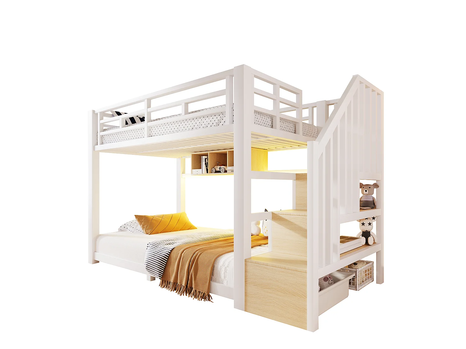Etagenbett 90 x 200 cm – mit LED-Beleuchtung – mit drei Aufbewahrungsfächern – mit Treppe – weiß (Matratze nicht enthalten)