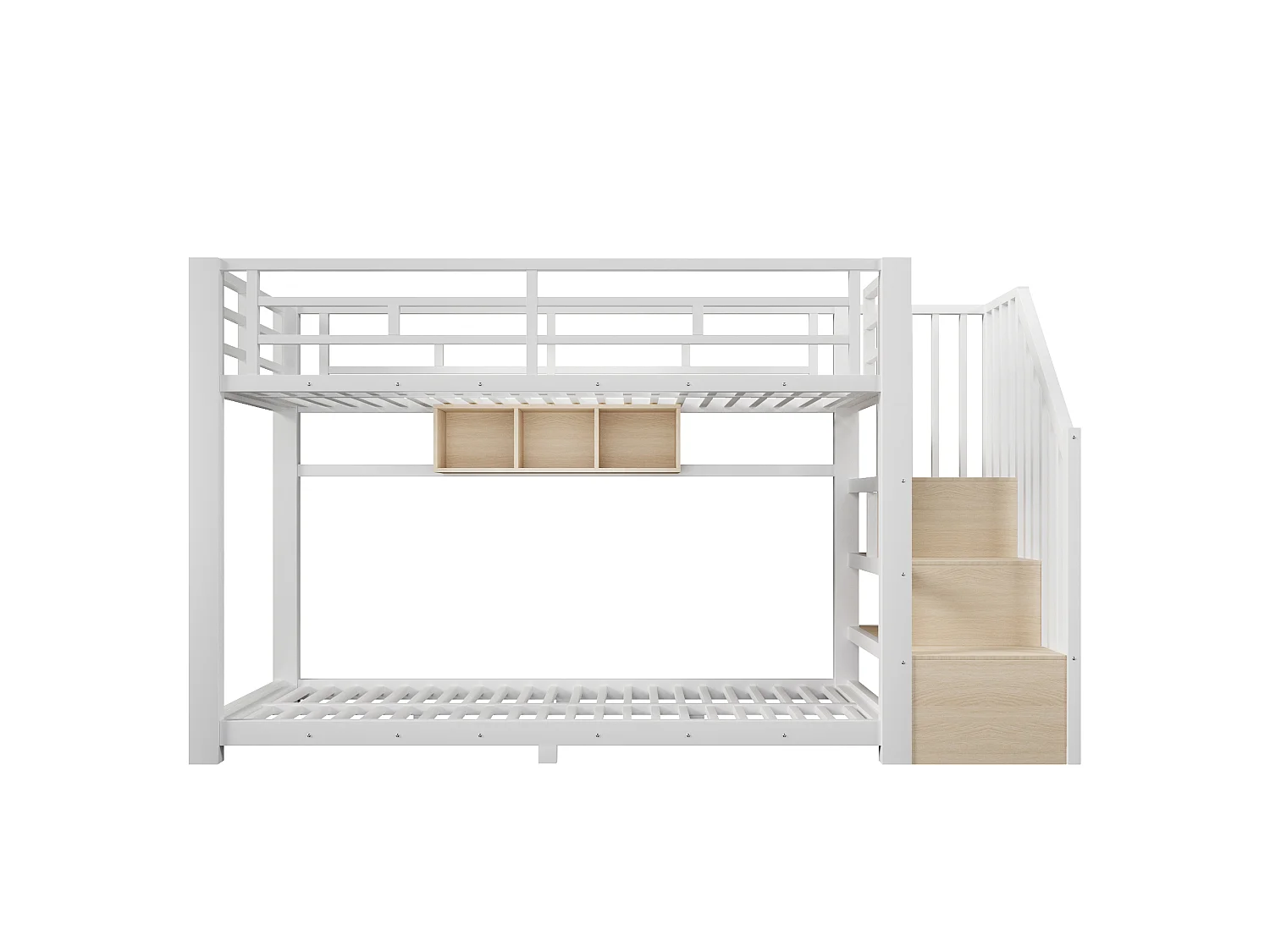 Etagenbett 90 x 200 cm – mit LED-Beleuchtung – mit drei Aufbewahrungsfächern – mit Treppe – weiß (Matratze nicht enthalten)