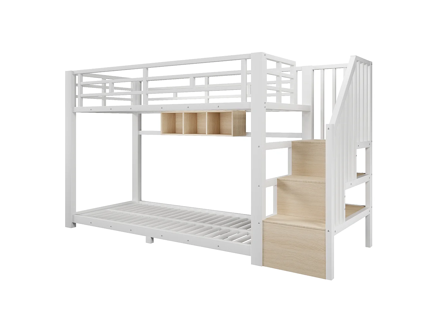 Etagenbett 90 x 200 cm – mit LED-Beleuchtung – mit drei Aufbewahrungsfächern – mit Treppe – weiß (Matratze nicht enthalten)