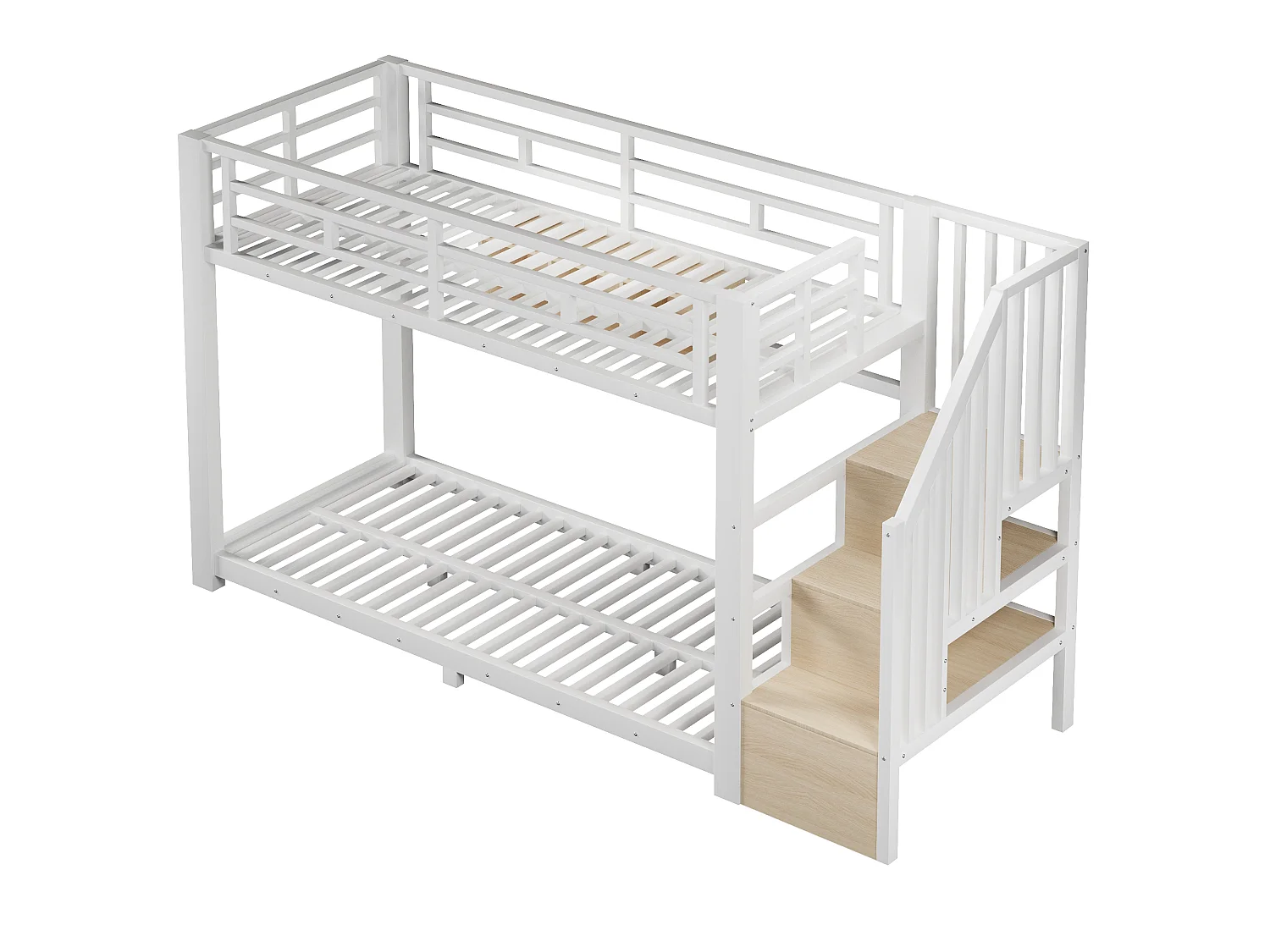 Etagenbett 90 x 200 cm – mit LED-Beleuchtung – mit drei Aufbewahrungsfächern – mit Treppe – weiß (Matratze nicht enthalten)