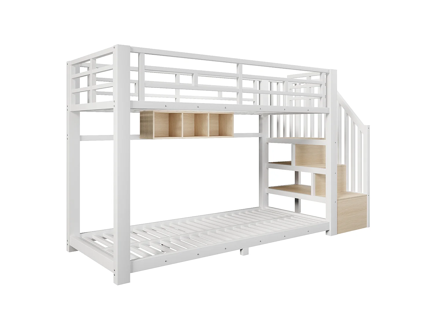 Etagenbett 90 x 200 cm – mit LED-Beleuchtung – mit drei Aufbewahrungsfächern – mit Treppe – weiß (Matratze nicht enthalten)