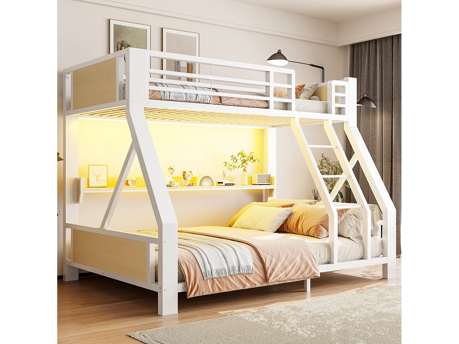 Lit superposé en métal 90x200+140x200 cm - avec éclairage LED - avec échelle de sécurité - blanc (matelas non inclus)