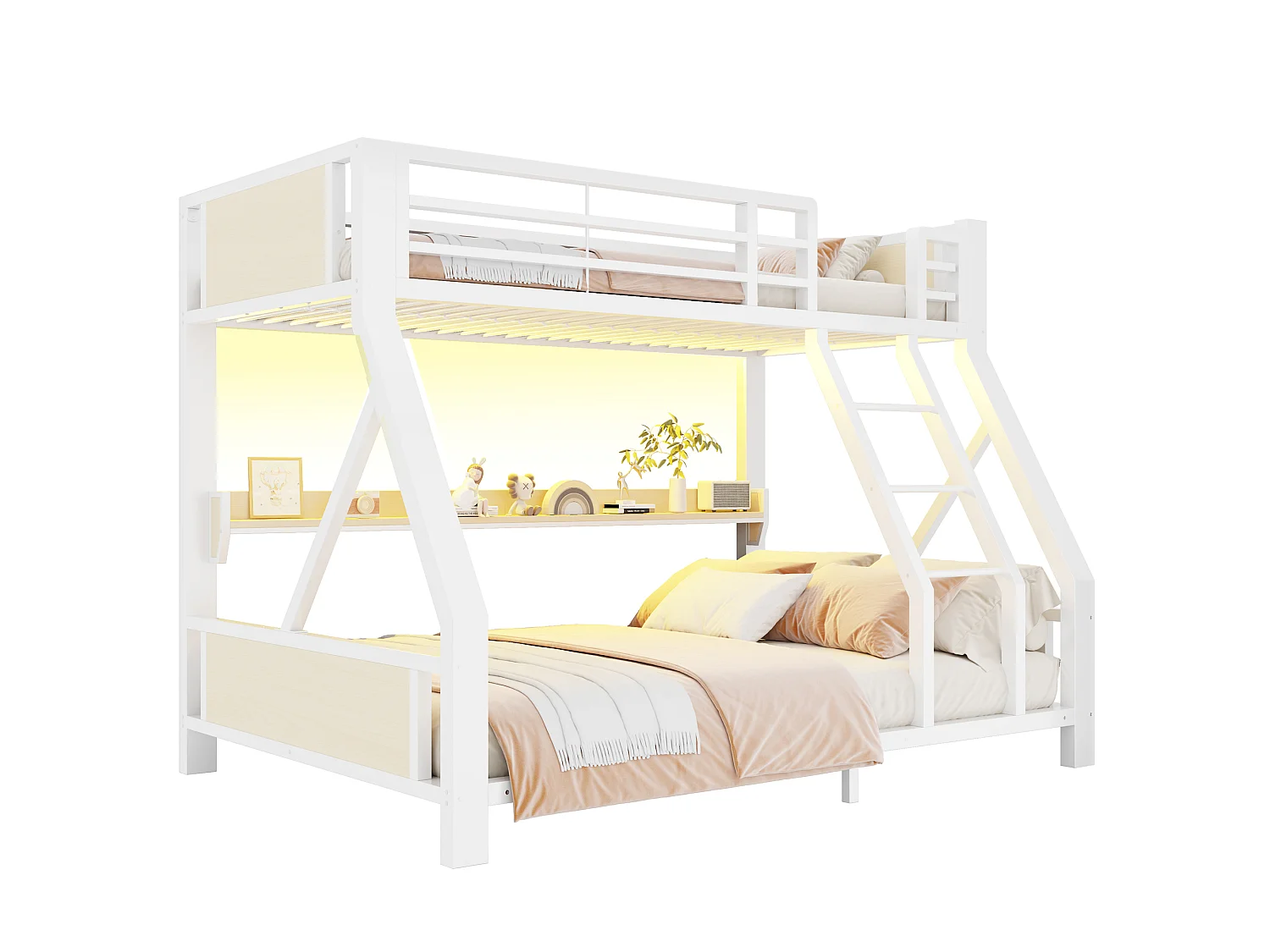 Lit superposé en métal 90x200+140x200 cm - avec éclairage LED - avec échelle de sécurité - blanc (matelas non inclus)