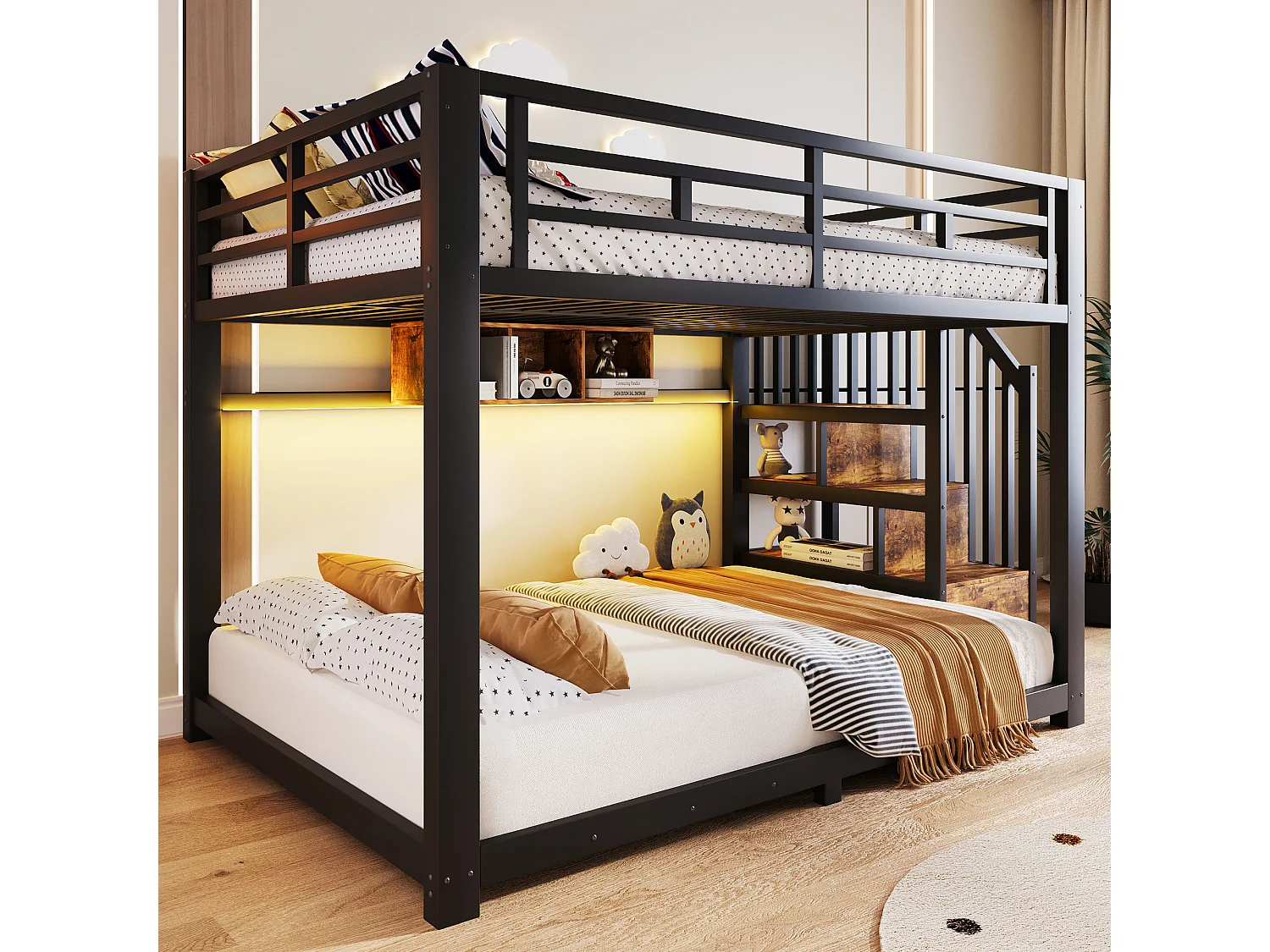 Lit superposé 140 x 200 cm – avec éclairage LED – avec trois compartiments de rangement – ​​avec escalier – Noir (matelas non inclus)