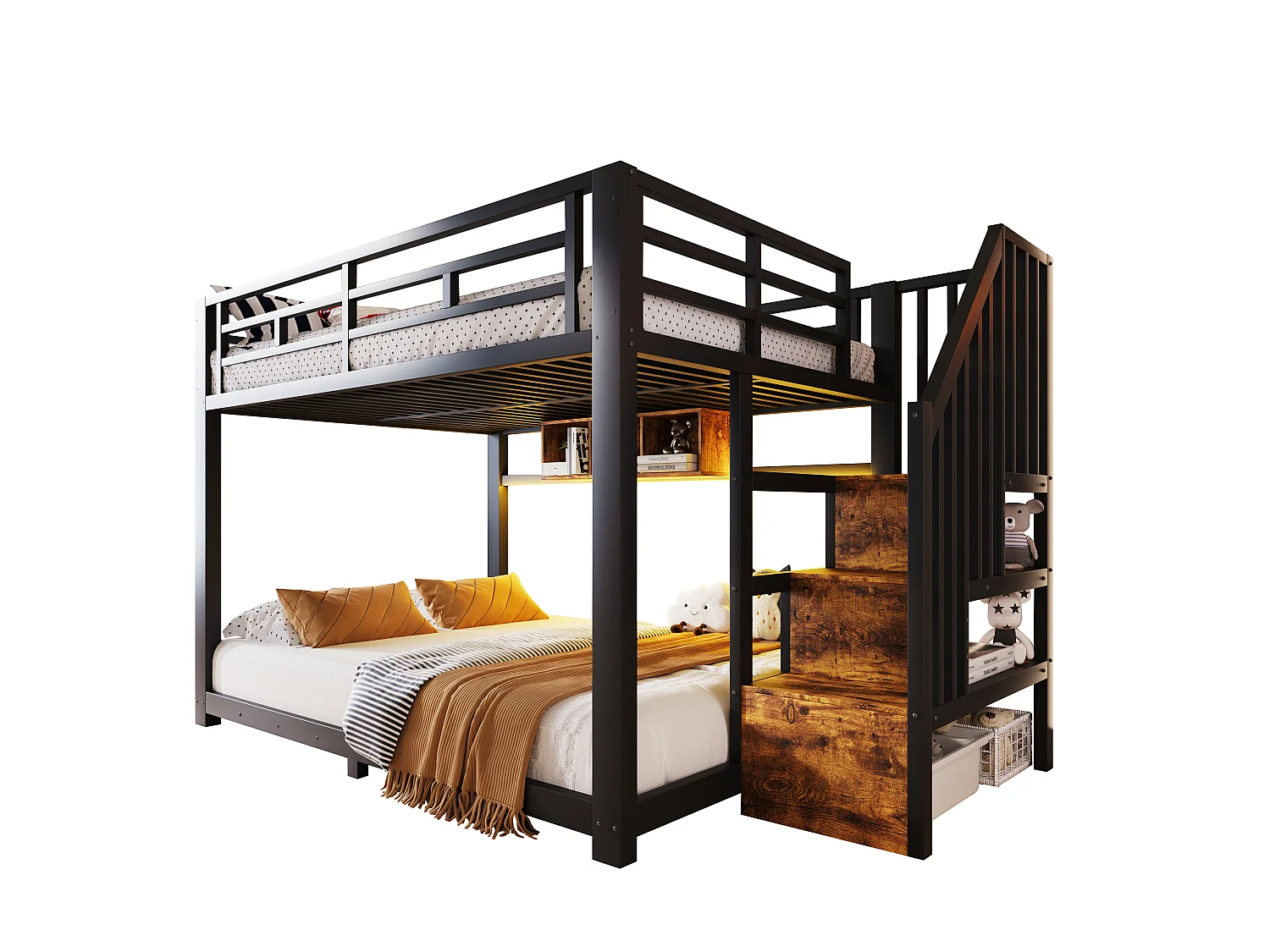 Lit superposé 140 x 200 cm – avec éclairage LED – avec trois compartiments de rangement – ​​avec escalier – Noir (matelas non inclus)