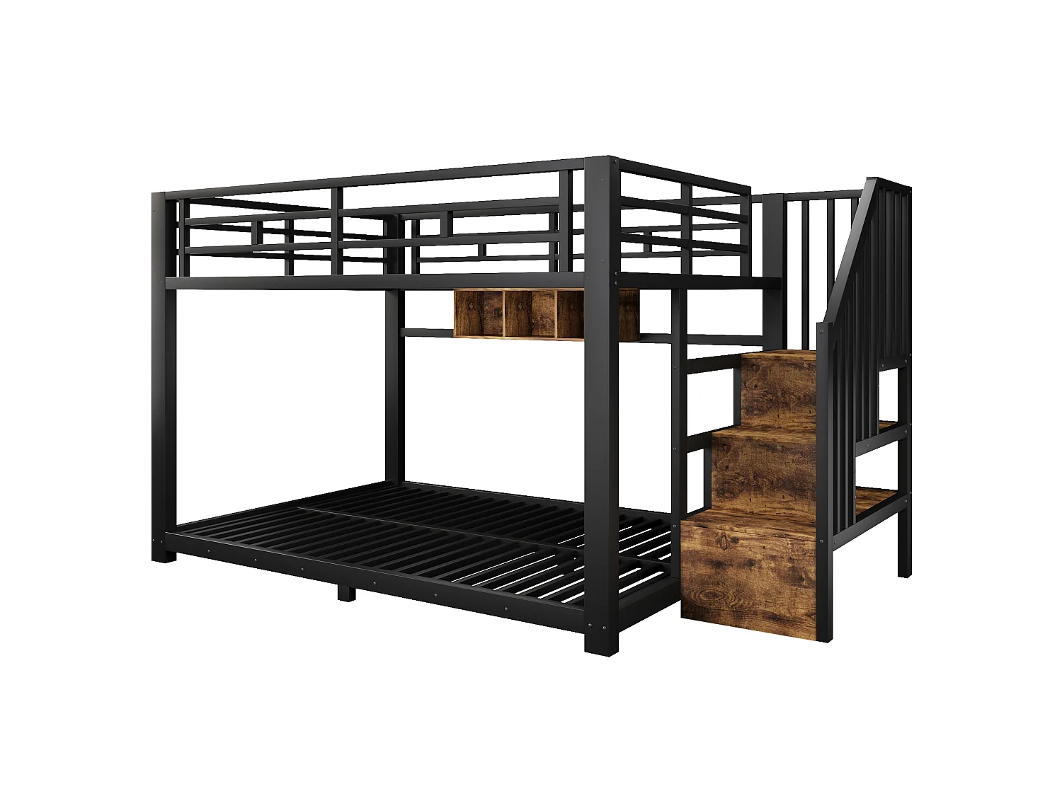 Lit superposé 140 x 200 cm – avec éclairage LED – avec trois compartiments de rangement – ​​avec escalier – Noir (matelas non inclus)